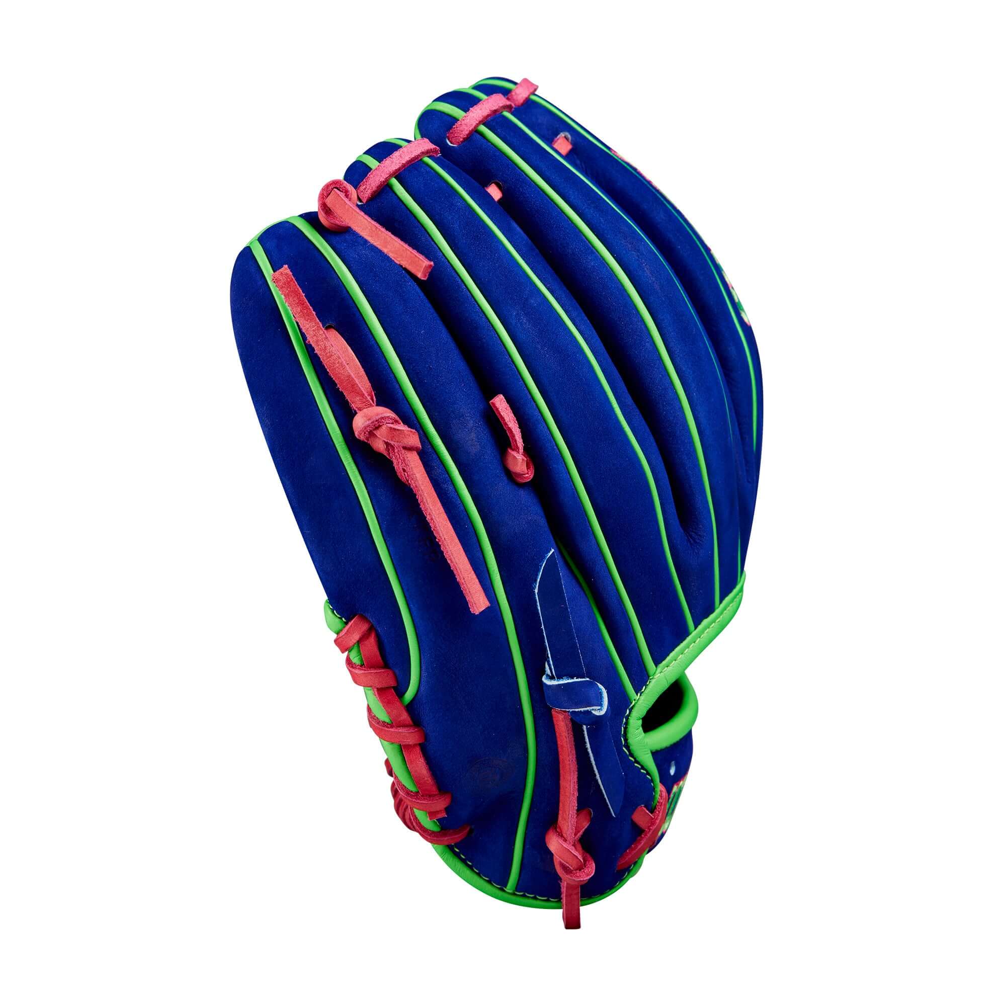 Wilson A2000 January 2024 Glove of the Month in buffed Royal Blue with Neon Green and Flamingo Pink accents. 11.5” H-Web design.