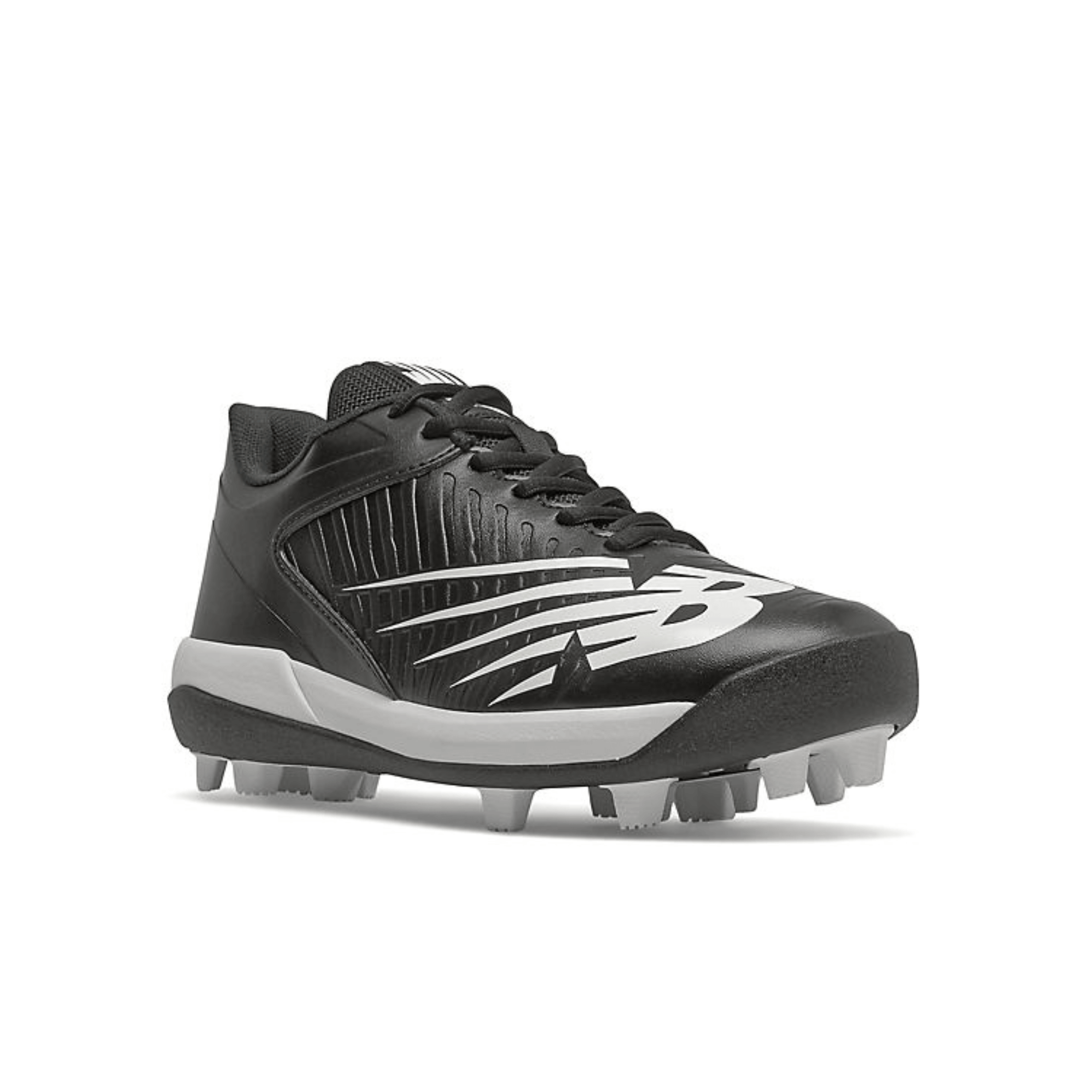 New Balance J4040v6 black rubber molded cleat for kids, designed for superior traction and comfort on baseball fields.