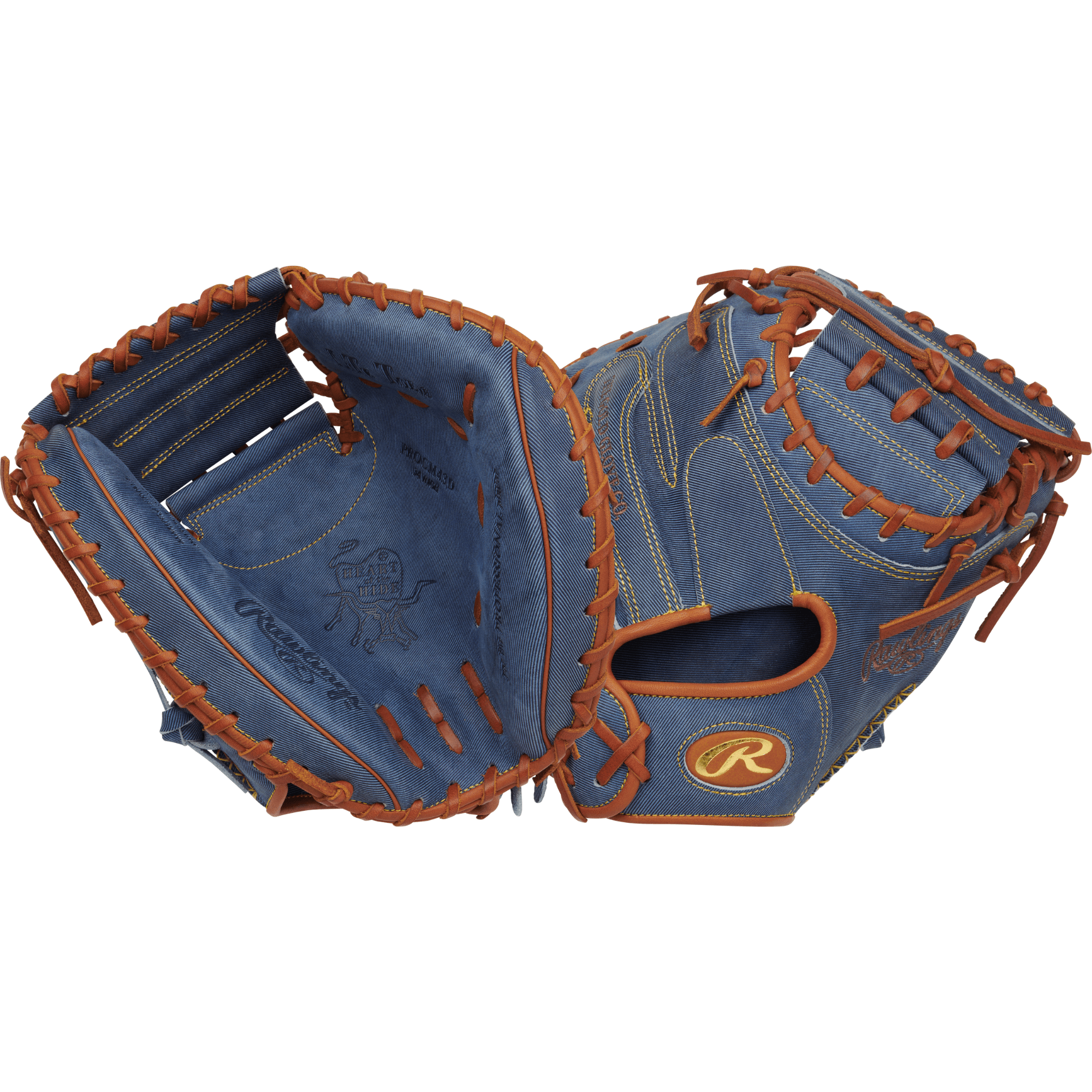 Rawlings Heart of the Hide Pro Label Denim Edition Catchers Mitt in blue with brown stitching, showcasing unique denim style.