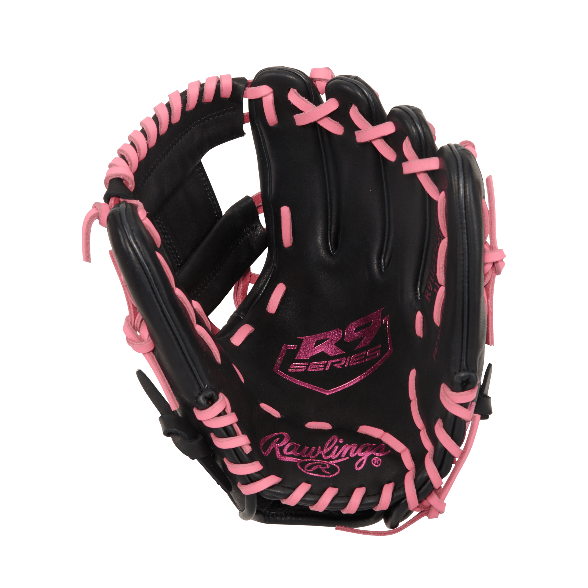 Rawlings R9 Contour Series 11.25 inch black and pink infield baseball glove for agile plays.