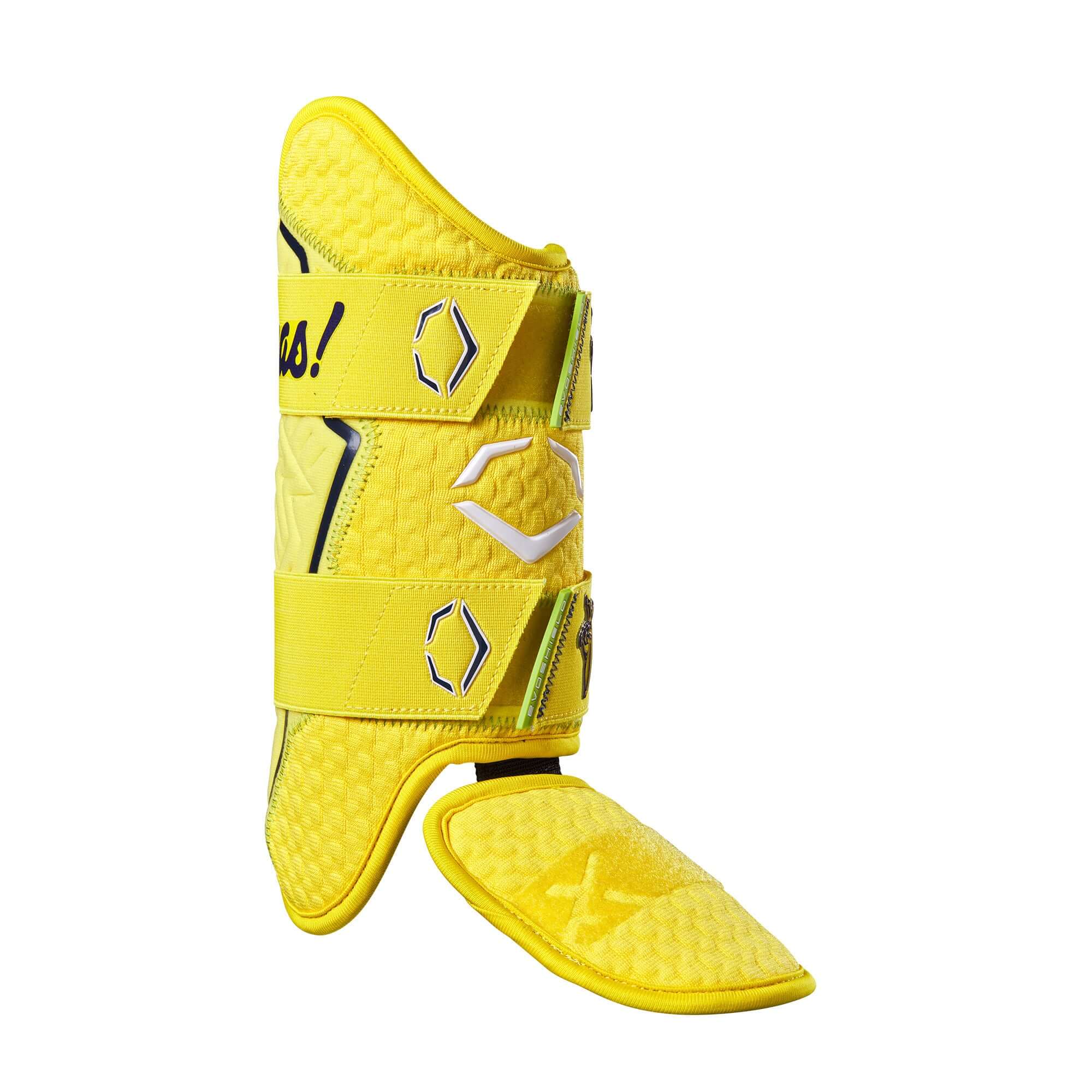 Evoshield X-SRZ Savannah Bananas 2.0 Batter's Leg Guard in yellow with adjustable straps and gel-to-shell technology.
