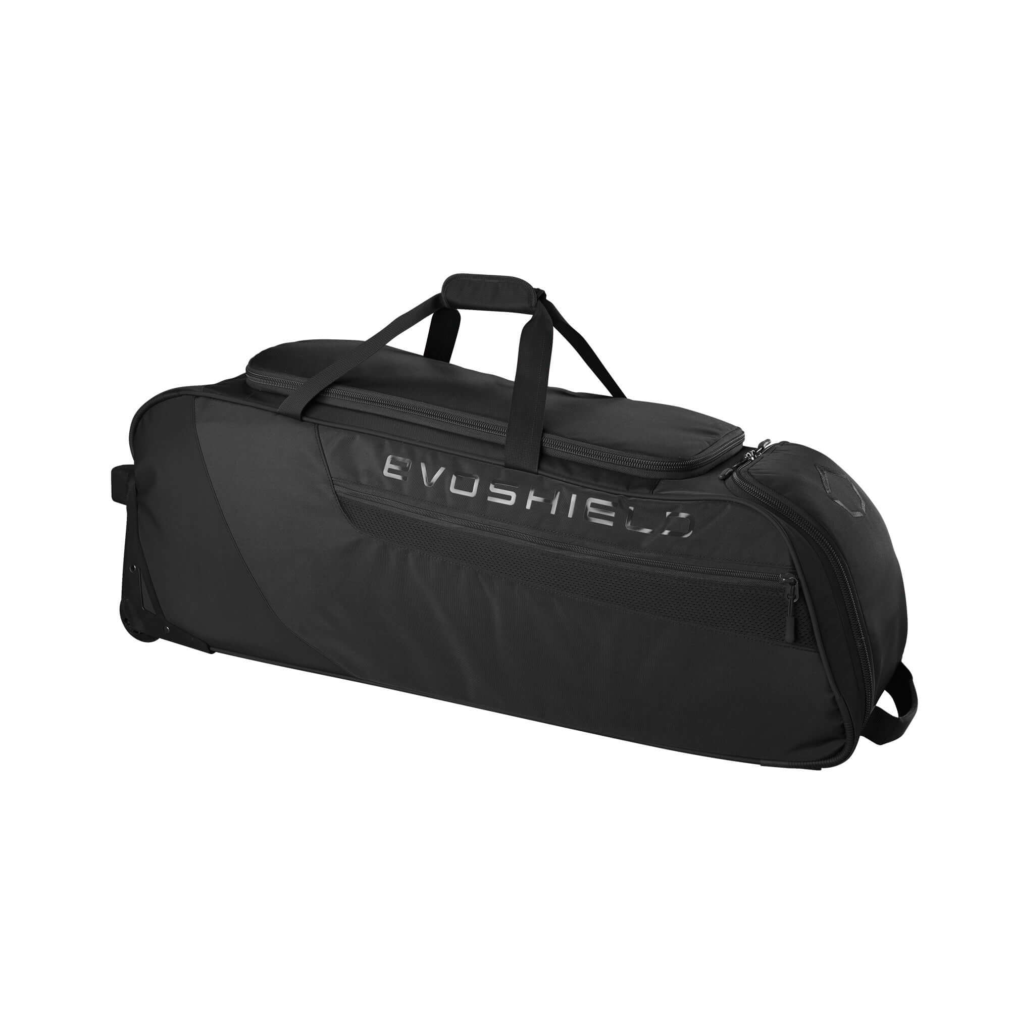 Evoshield Takeover Wheeled Bag in black with sturdy handles, designed for easy transport of sports gear.