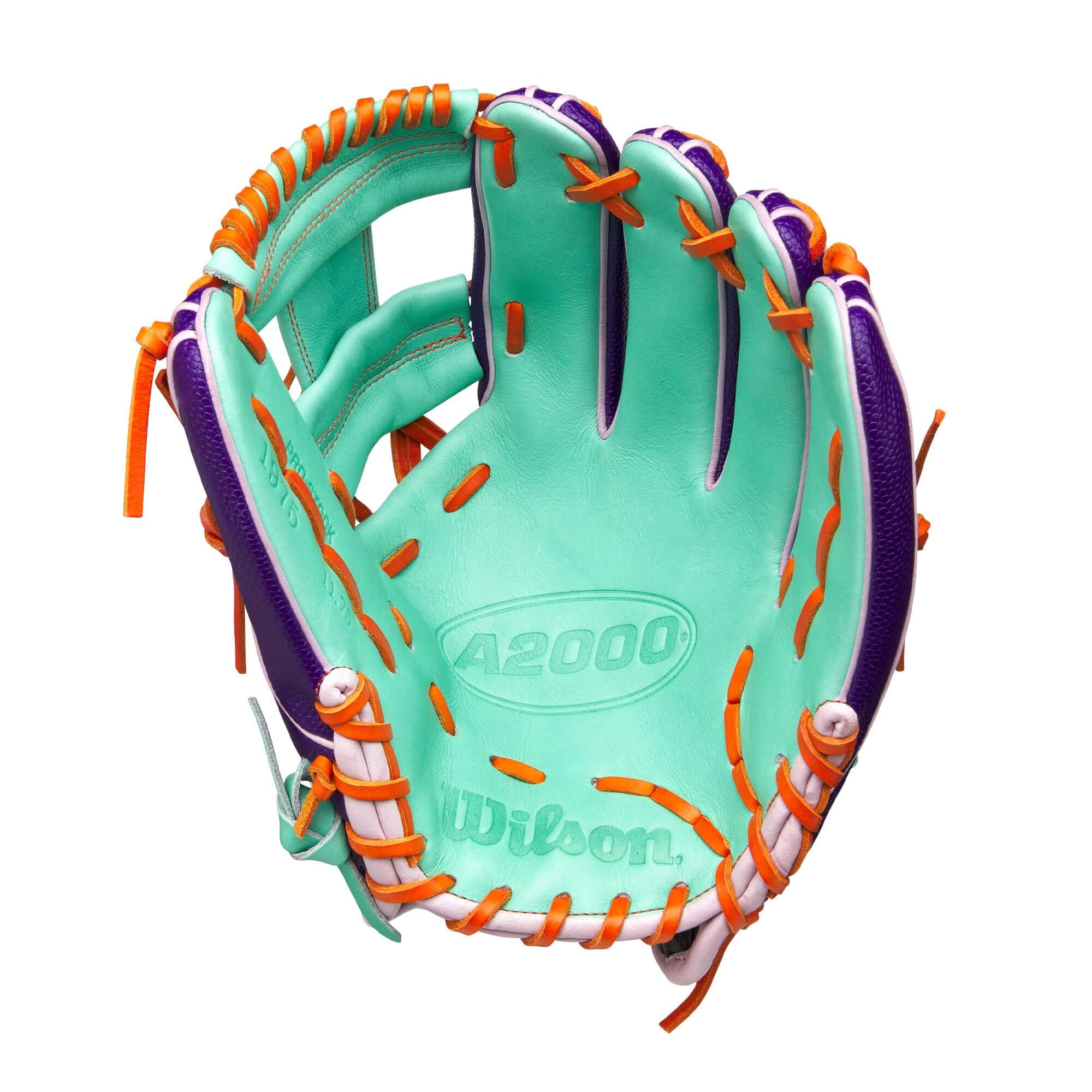 Palm view of Wilson Glove of the Month GOTM April 2025 A2000 1975SS Purple 11.75" showcasing Seafoam Pro Stock leather texture.