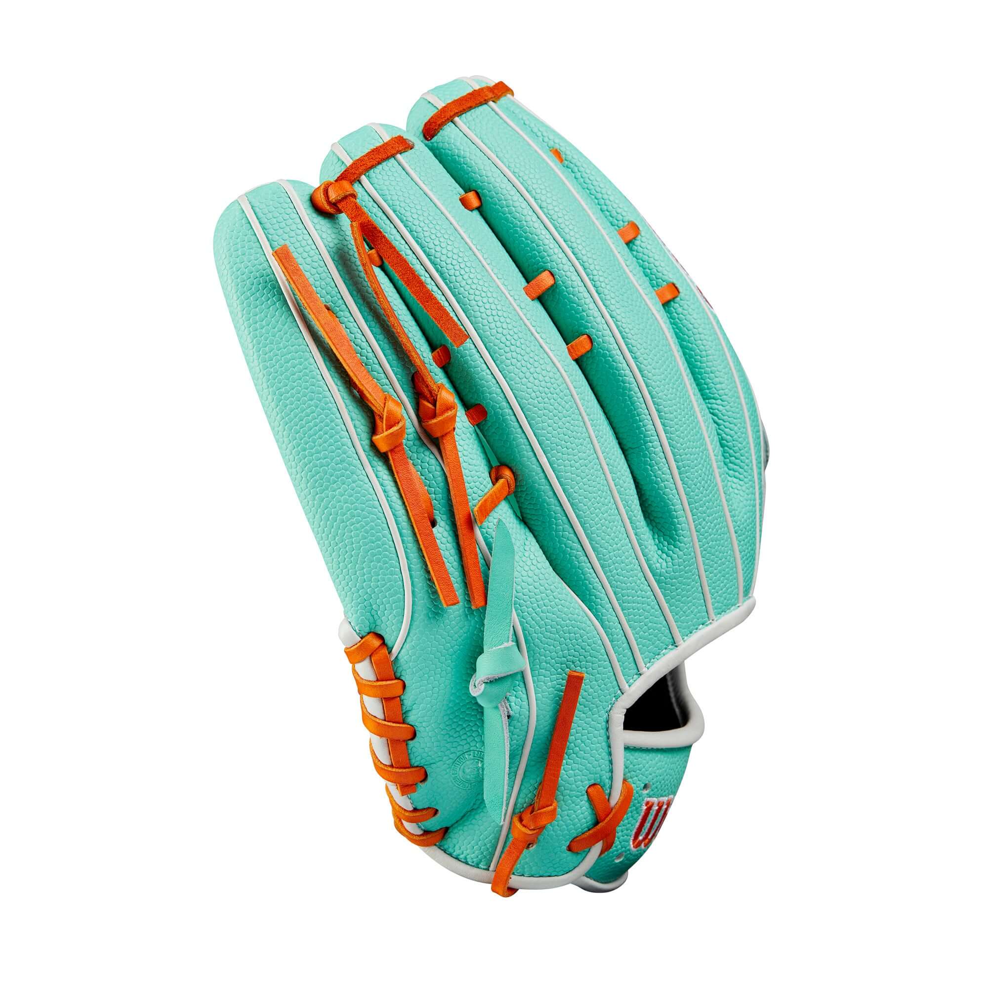 Wilson A2000 12.75" glove in seafoam and orange with Dual Post Web design, made of SuperSkin and Pro Stock® leather.