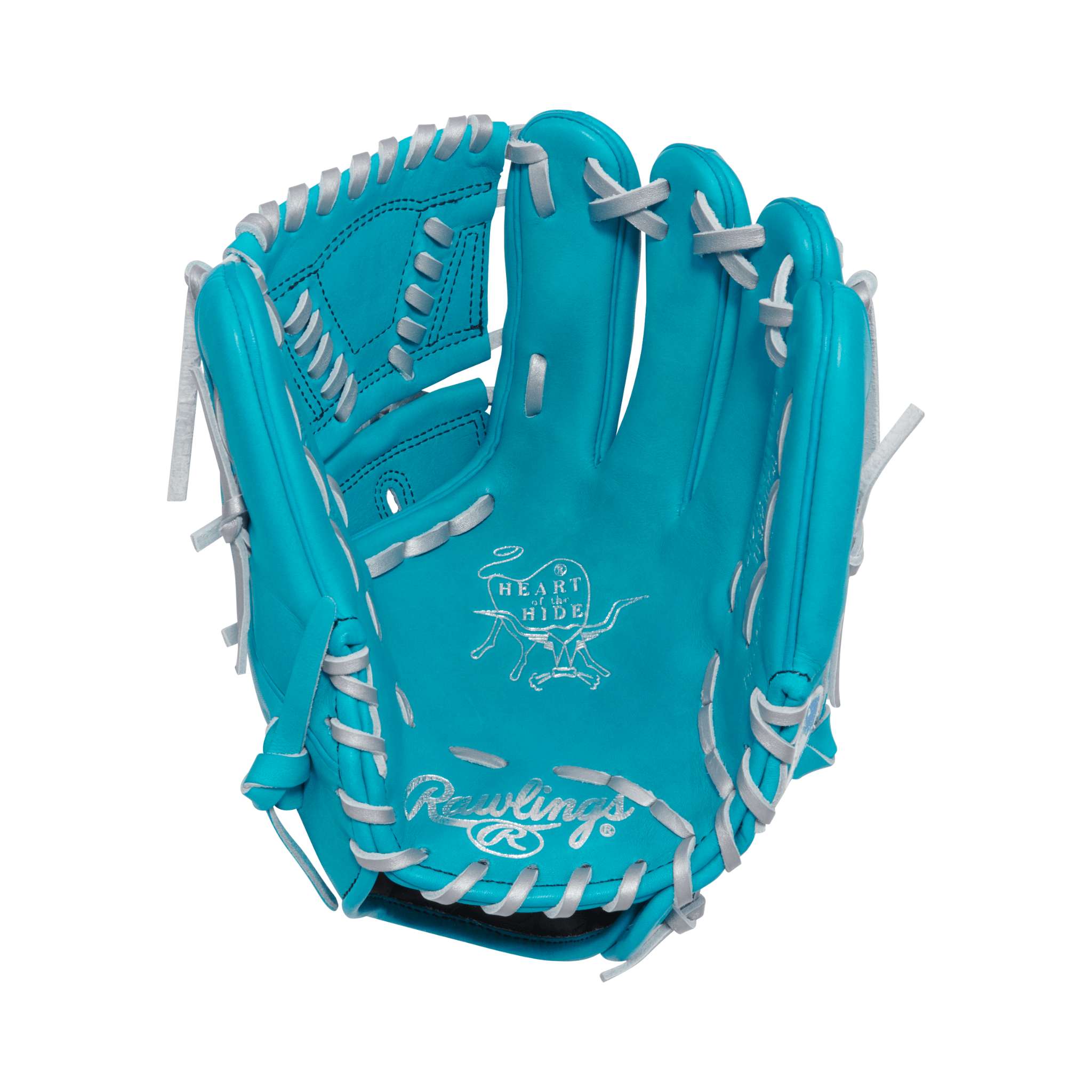Rawlings Heart of The Hide Series 11.75" teal and silver baseball glove for left-handed throwers.