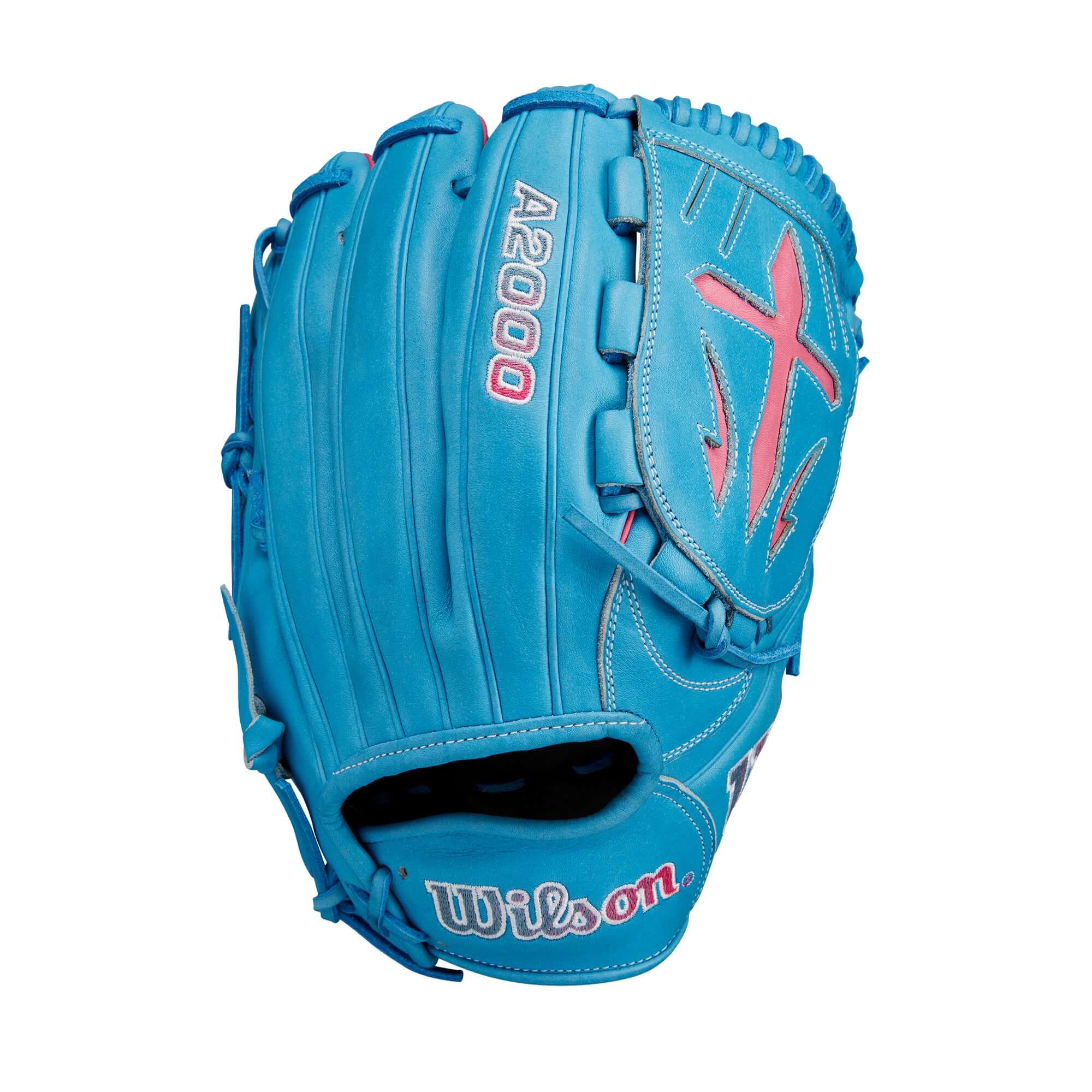 Wilson A2000 B23 glove in sky blue with flamingo pink accents, designed for pitchers, showcasing its innovative Swordsman Web.