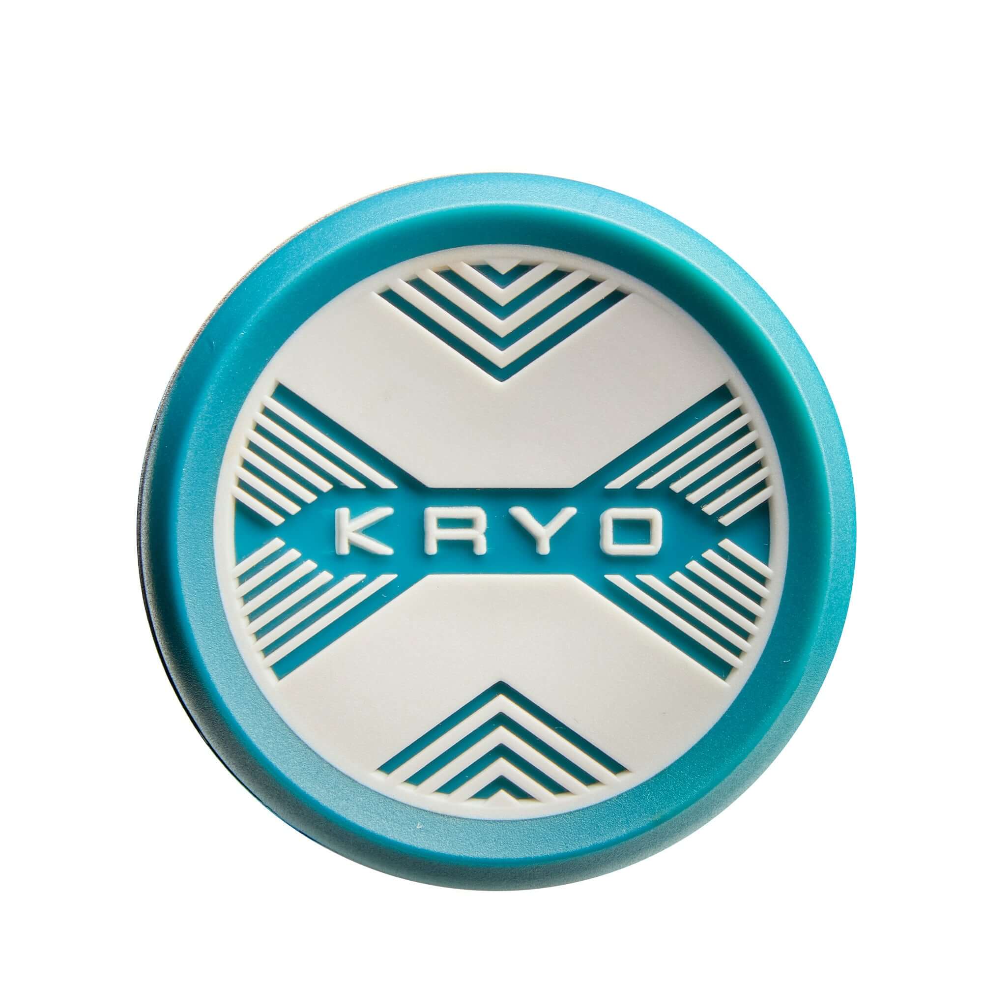 Top view of the Louisville Slugger Kryo fastpitch softball bat logo in teal and white design, showcasing the GO-EX1 Barrel System.