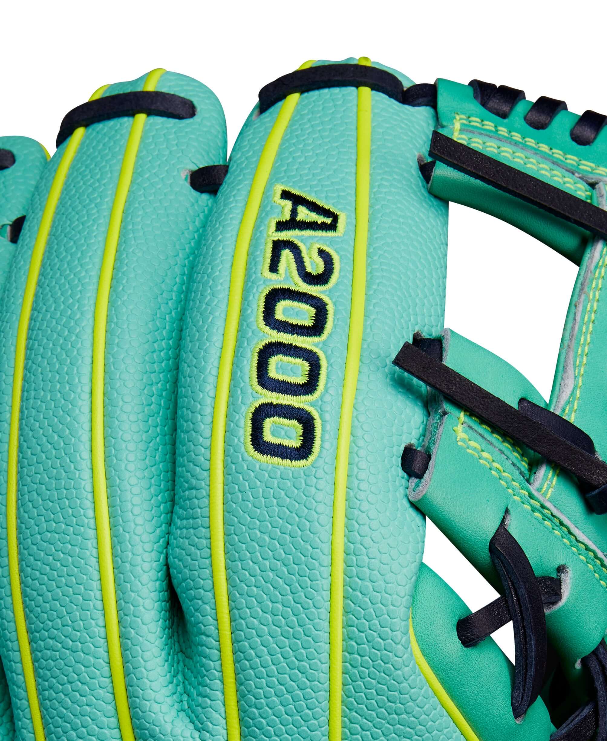 Close-up of Wilson A2000 DP15SS glove showcasing vivid Seafoam leather and Optic Yellow accents.