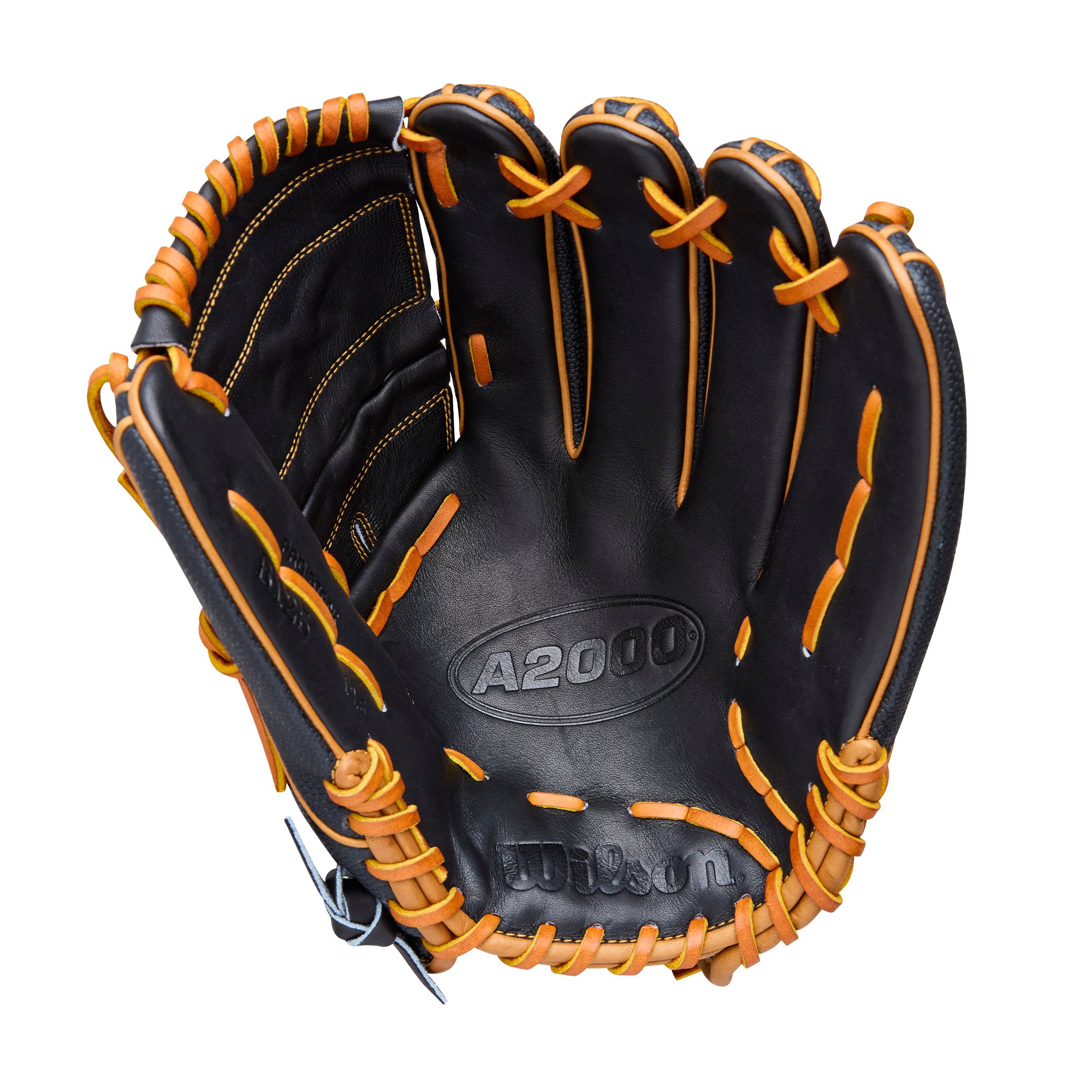 Wilson 2026 A2000 Classics Series B125SS 12.5” Pitcher Baseball Glove in black leather with orange laces, palm view.