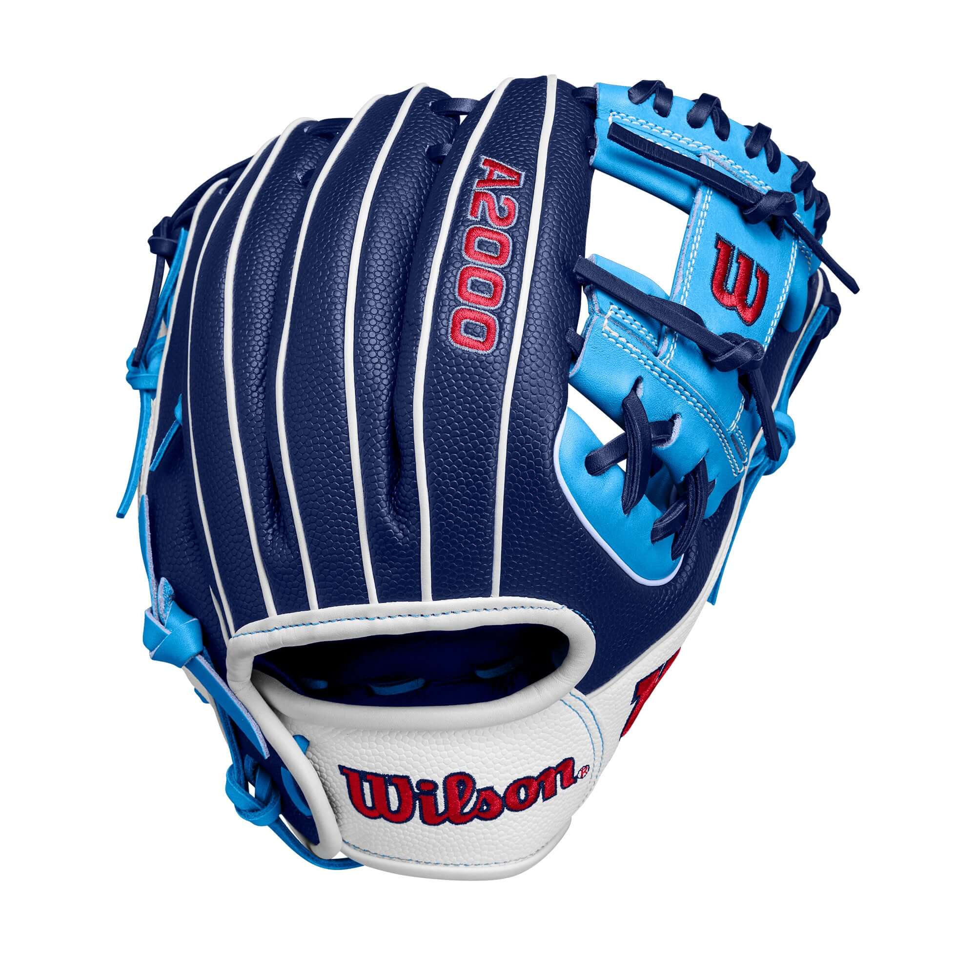 Wilson A2000 PF88SS 11.25” infield baseball glove in navy and sky blue, featuring Pedroia Fit technology for smaller hands.