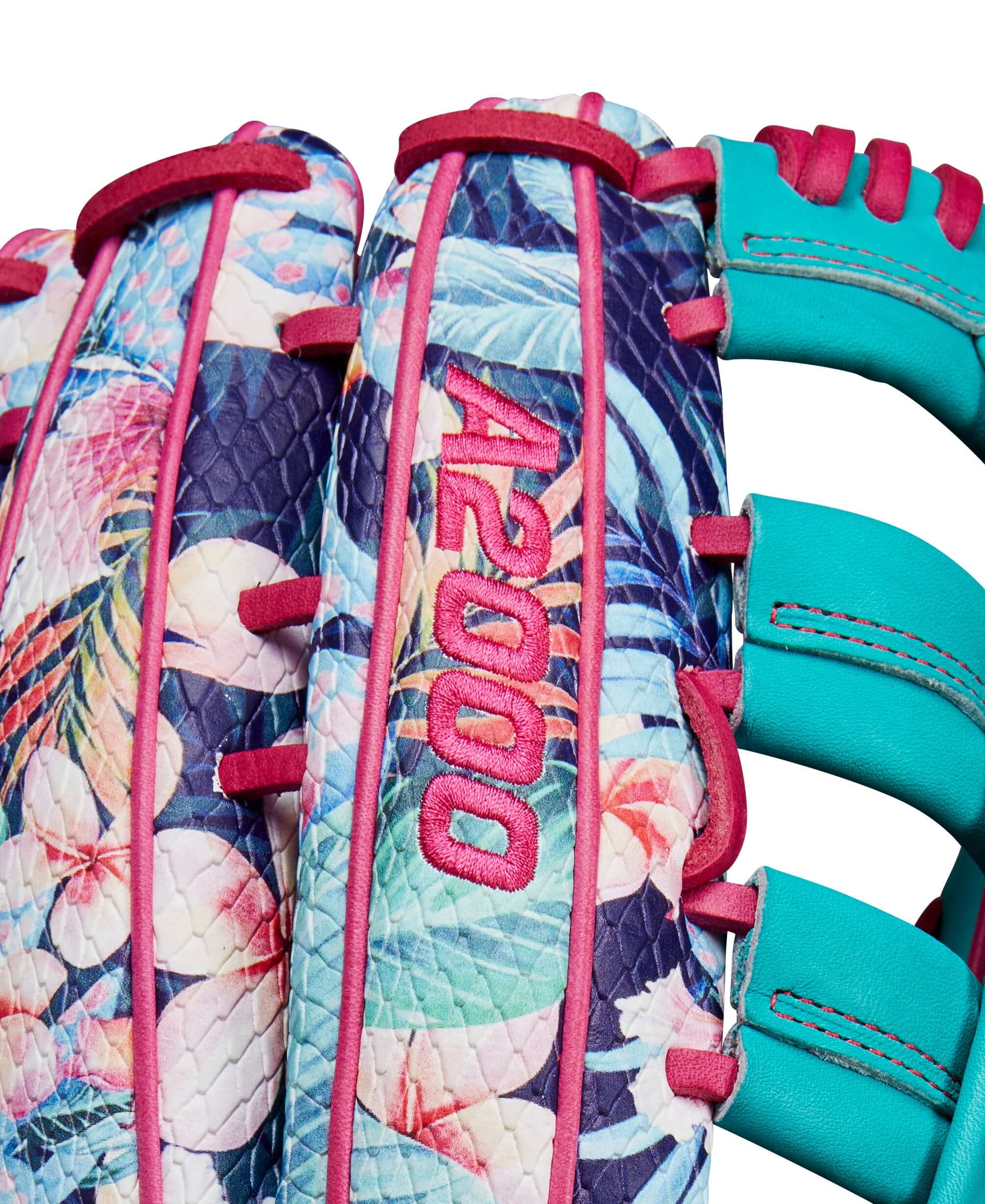 Close-up of Wilson A2000 Randy Arozarena glove showing floral print and teal accents, perfect for outfield play.
