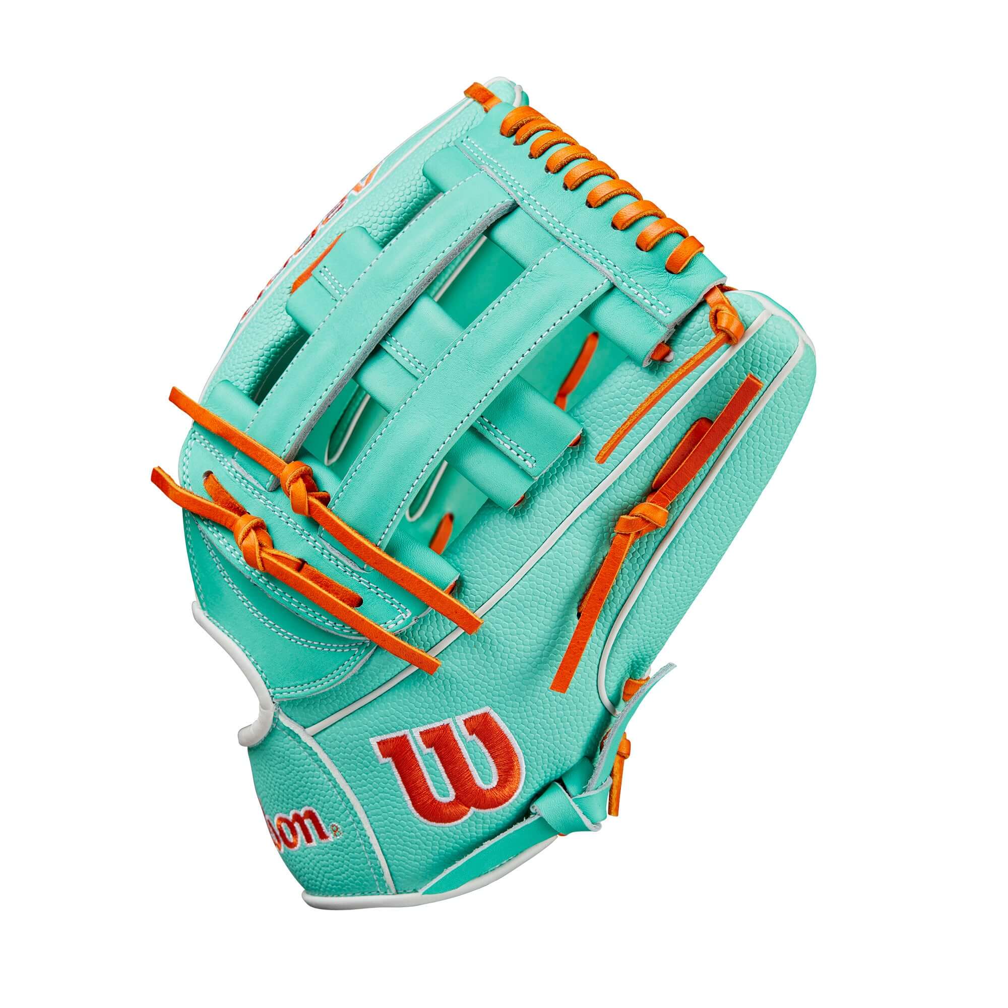 Wilson A2000 February 2024 GOTM glove 12.75" in seafoam and orange with Dual Post Web design.