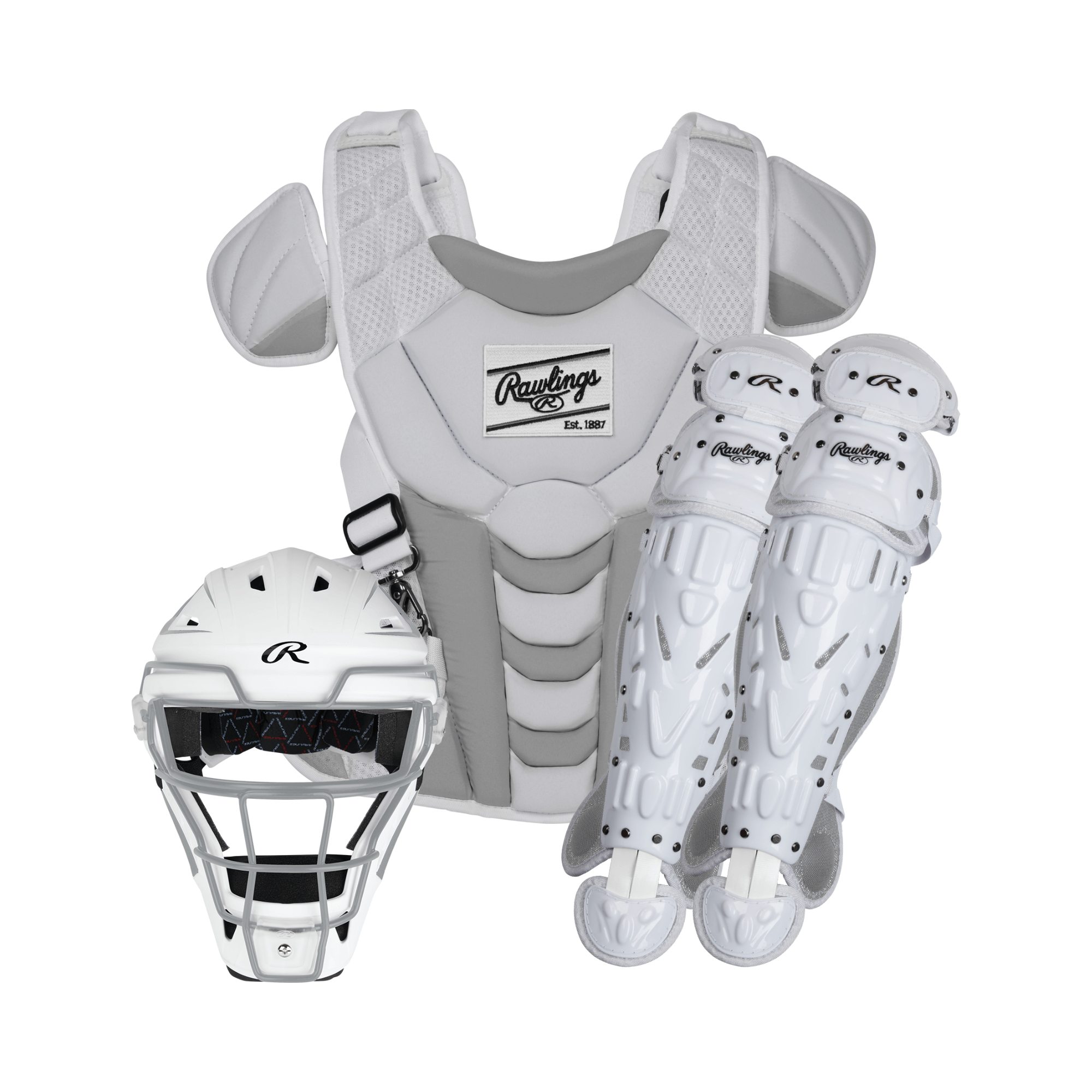 Rawlings Velo 2.0 fastpitch softball catcher’s gear set in white and silver including helmet, chest protector, and leg guards.