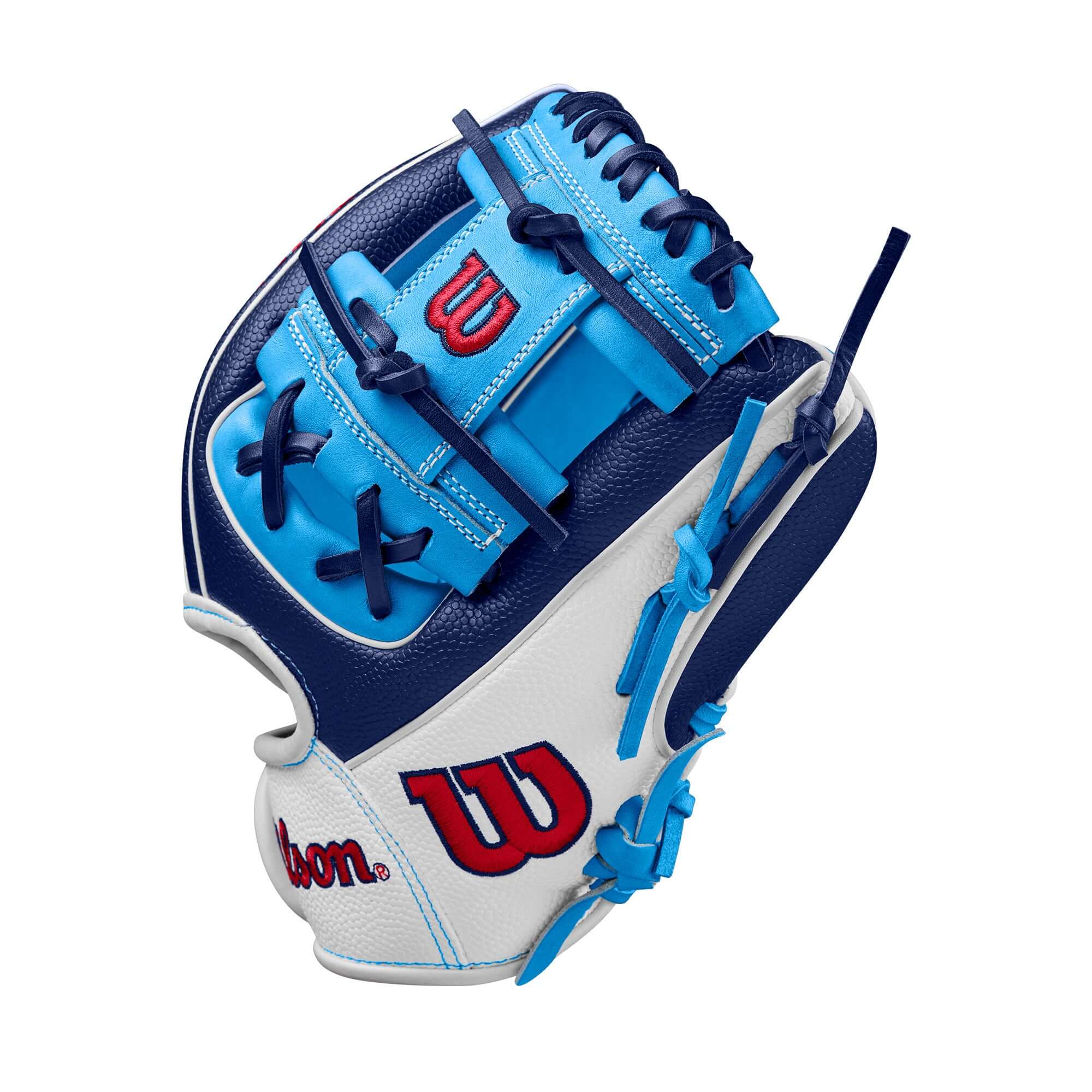 Wilson Fall 2024 A2000 PF88SS Infield Baseball Glove in navy and sky blue, designed for smaller hands, 11.25" size.