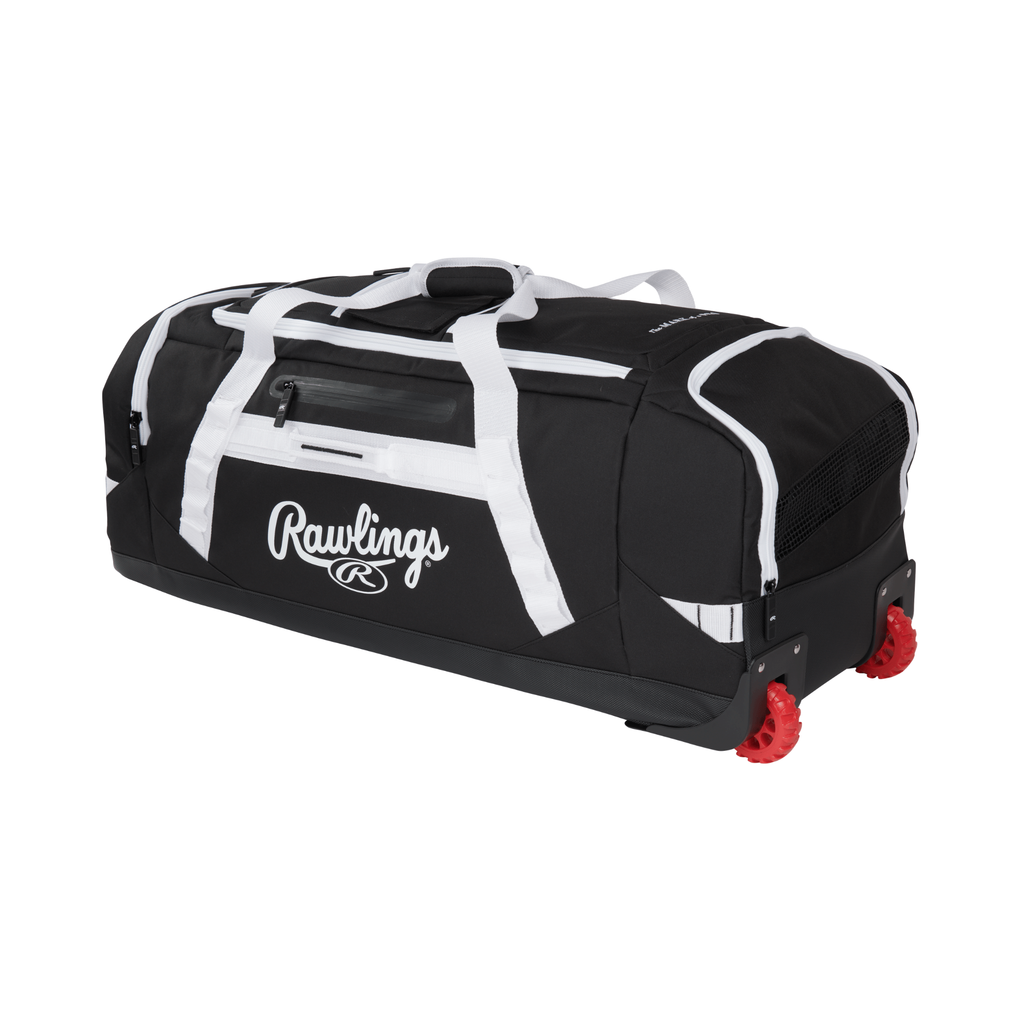 Rawlings Yadi2 Wheeled Equipment Bag featuring two-glove and internal bat storage, ideal for transporting sports gear.