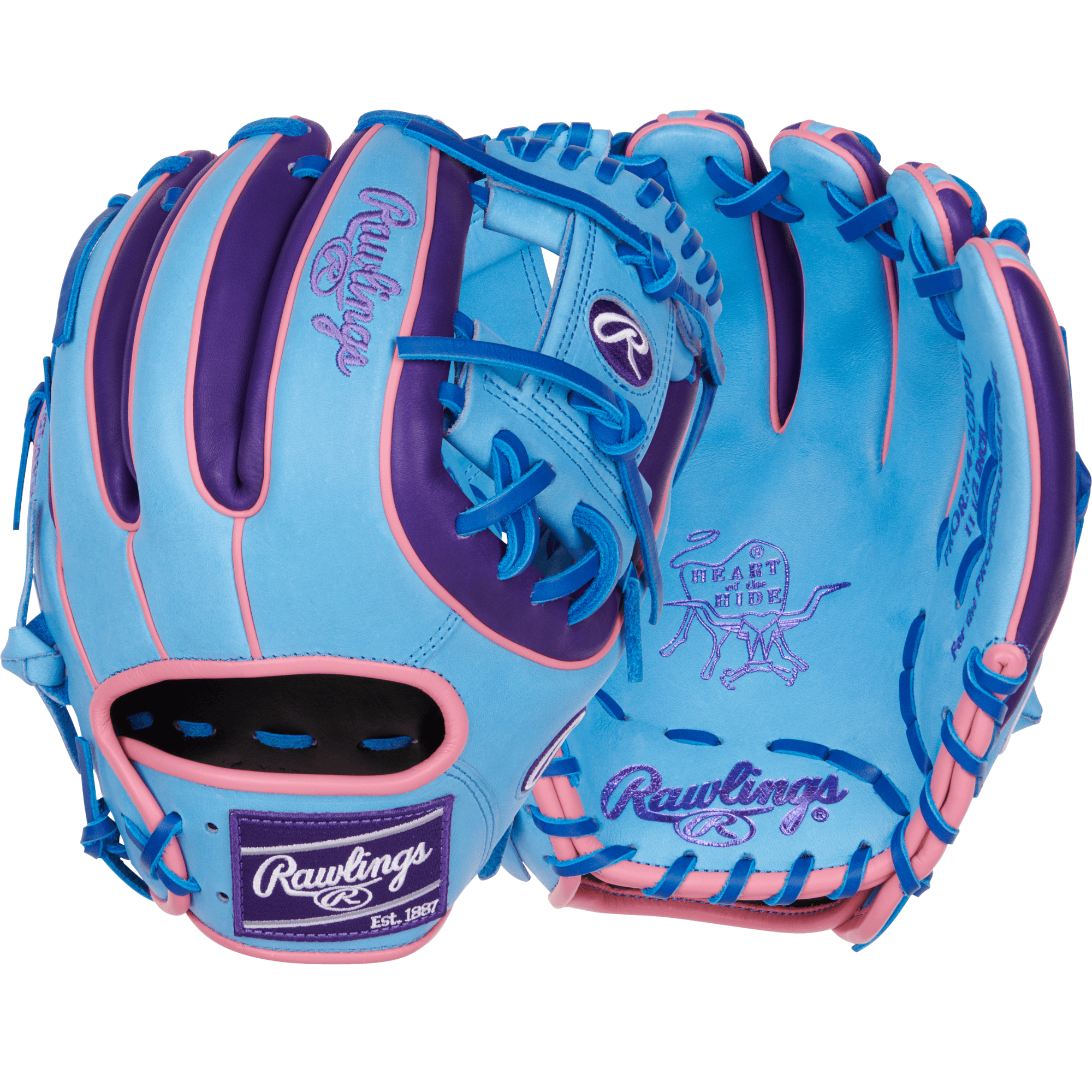 Back and palm view of Rawlings 11.5'' Colorsync Infield Glove featuring Columbia blue leather with purple and pink accents