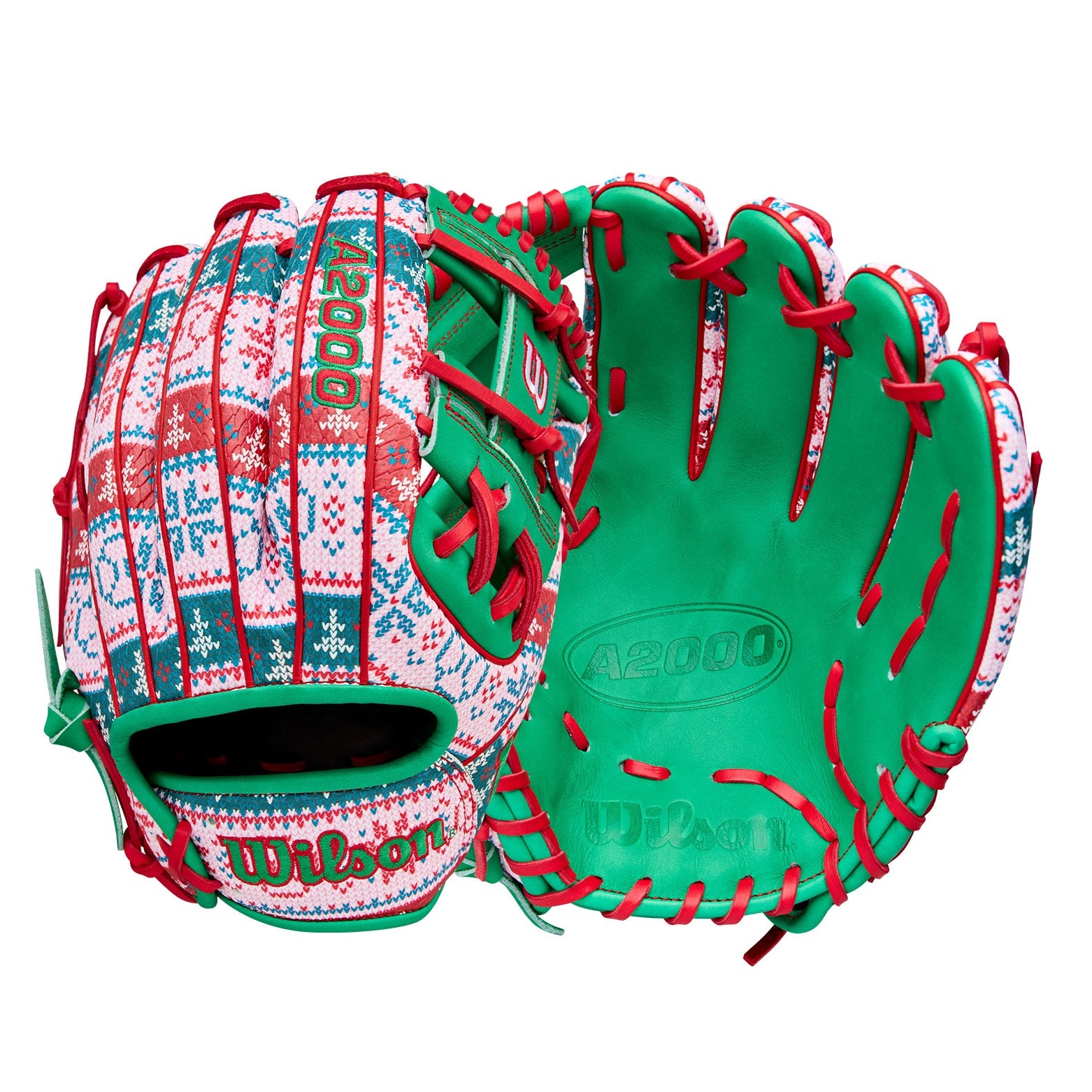 Wilson Glove of the Month (GOTM) December 2025 A2000 1975 Christmas 11.75" Baseball Glove in red, green, and white holiday pattern showing full front and back views.