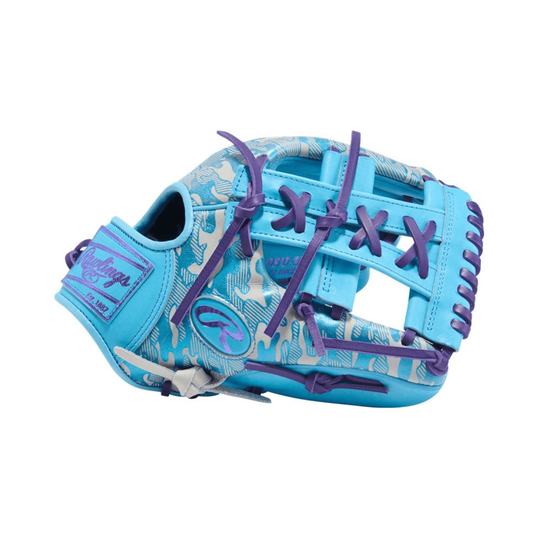 Thumb side of Rawlings 11.75" glove with split single post web, Columbia blue leather, and purple embroidered Rawlings logo.