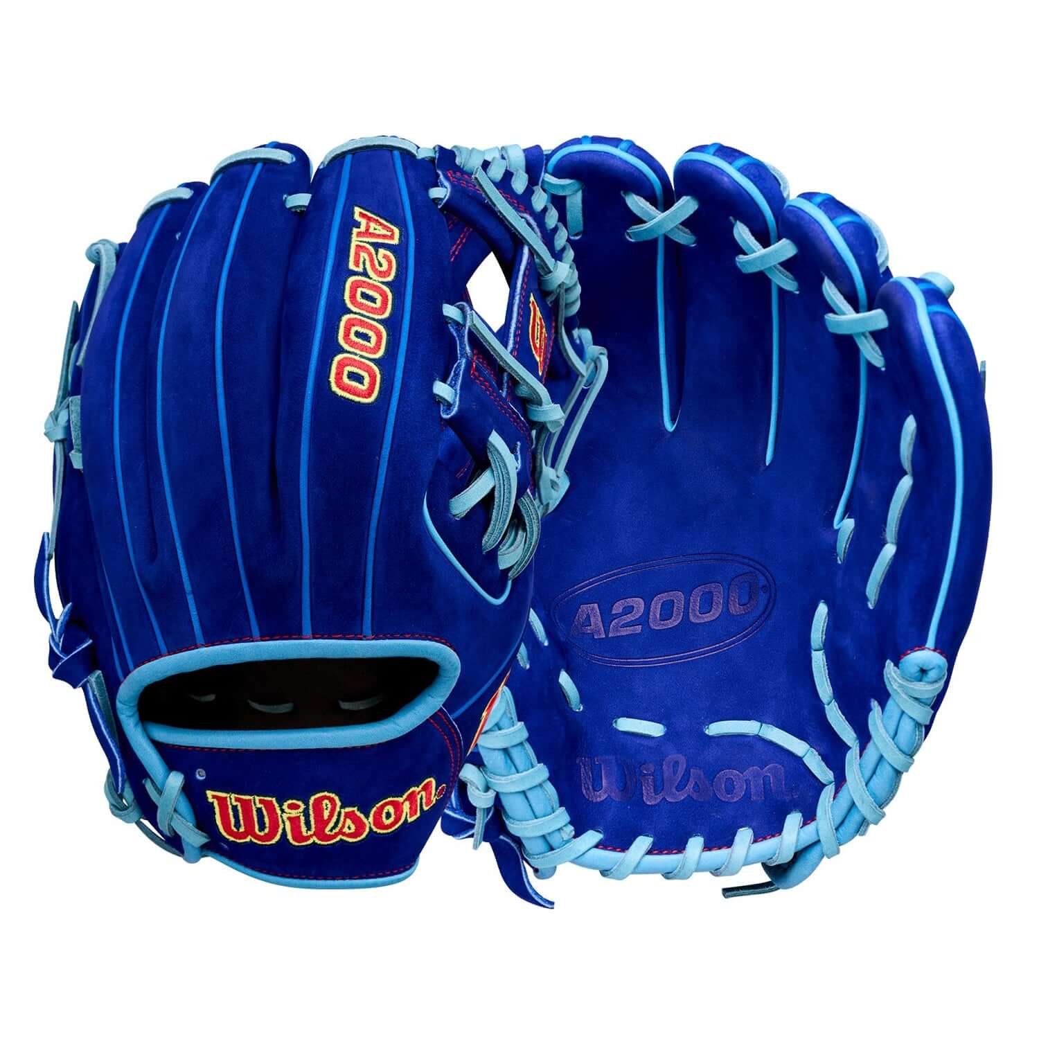 Wilson Big Rally Blue Raspberry A2000 1786 11.5" Infield Baseball Glove, palm and backhand view, blue with light blue lacing, I-web.
