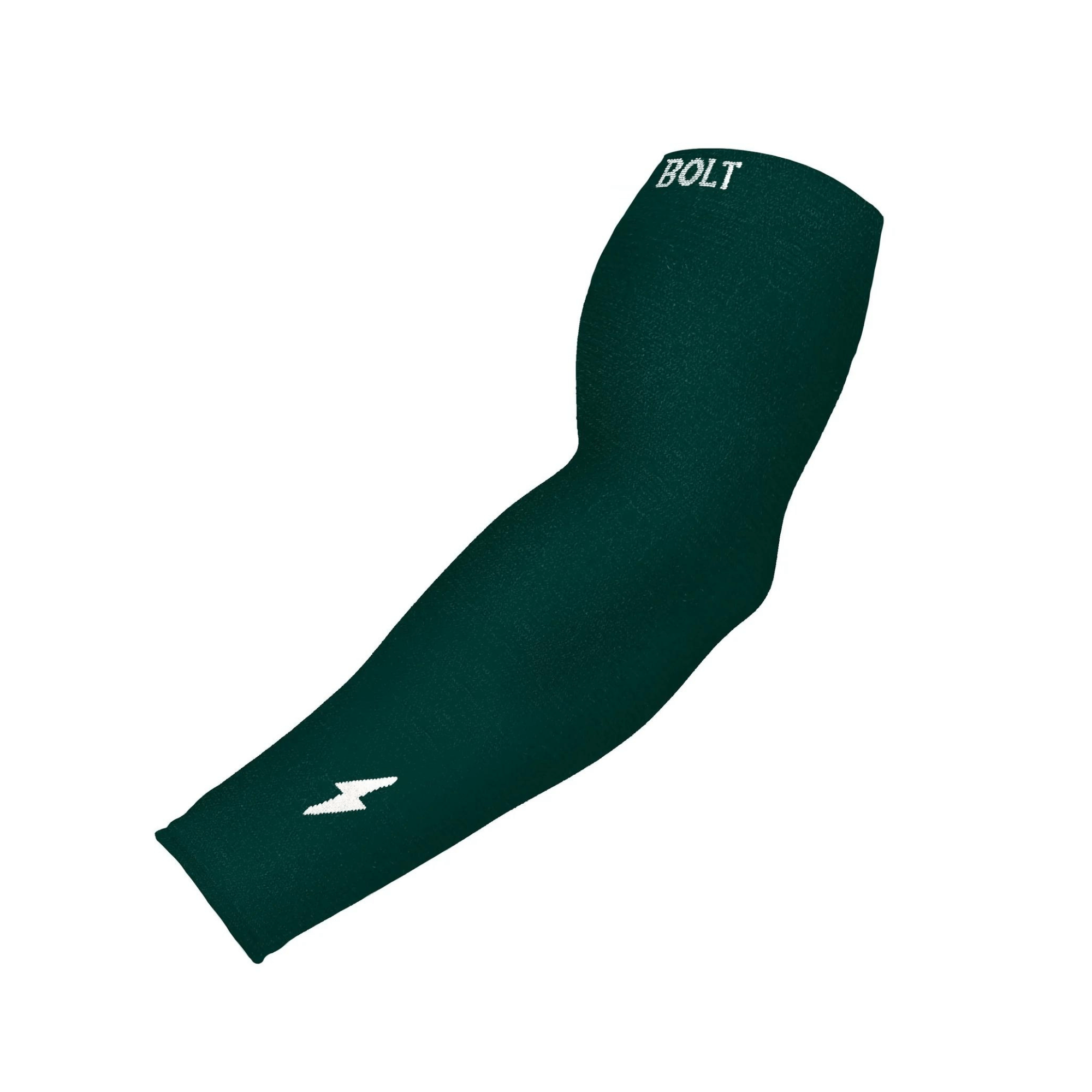 Bruce Bolt green graduated compression arm sleeve for improved blood flow and muscle support during sports.