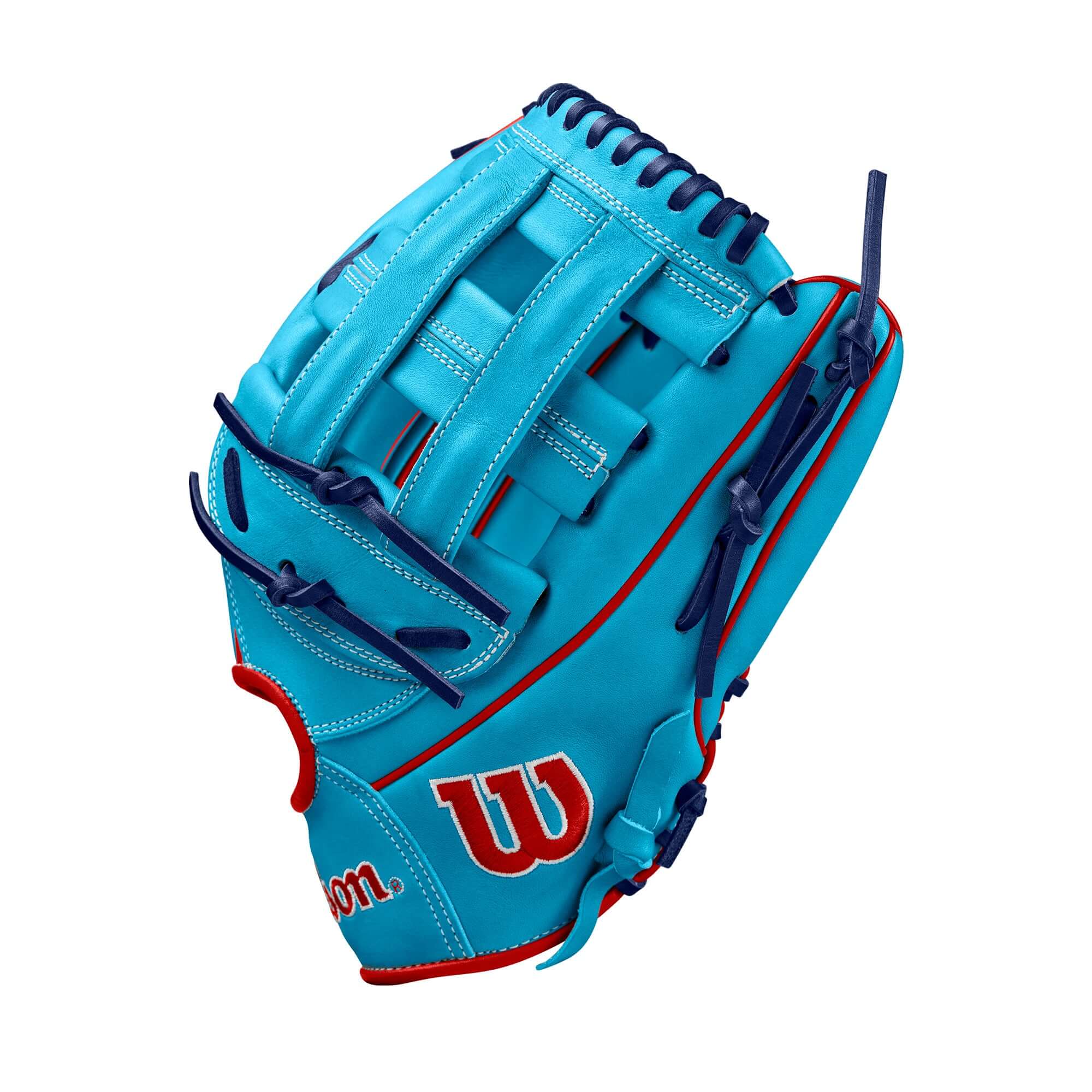 Wilson A2000 1750 Fall 2024 outfield baseball glove in sky blue and red, 12.5" design for superior control and fit.