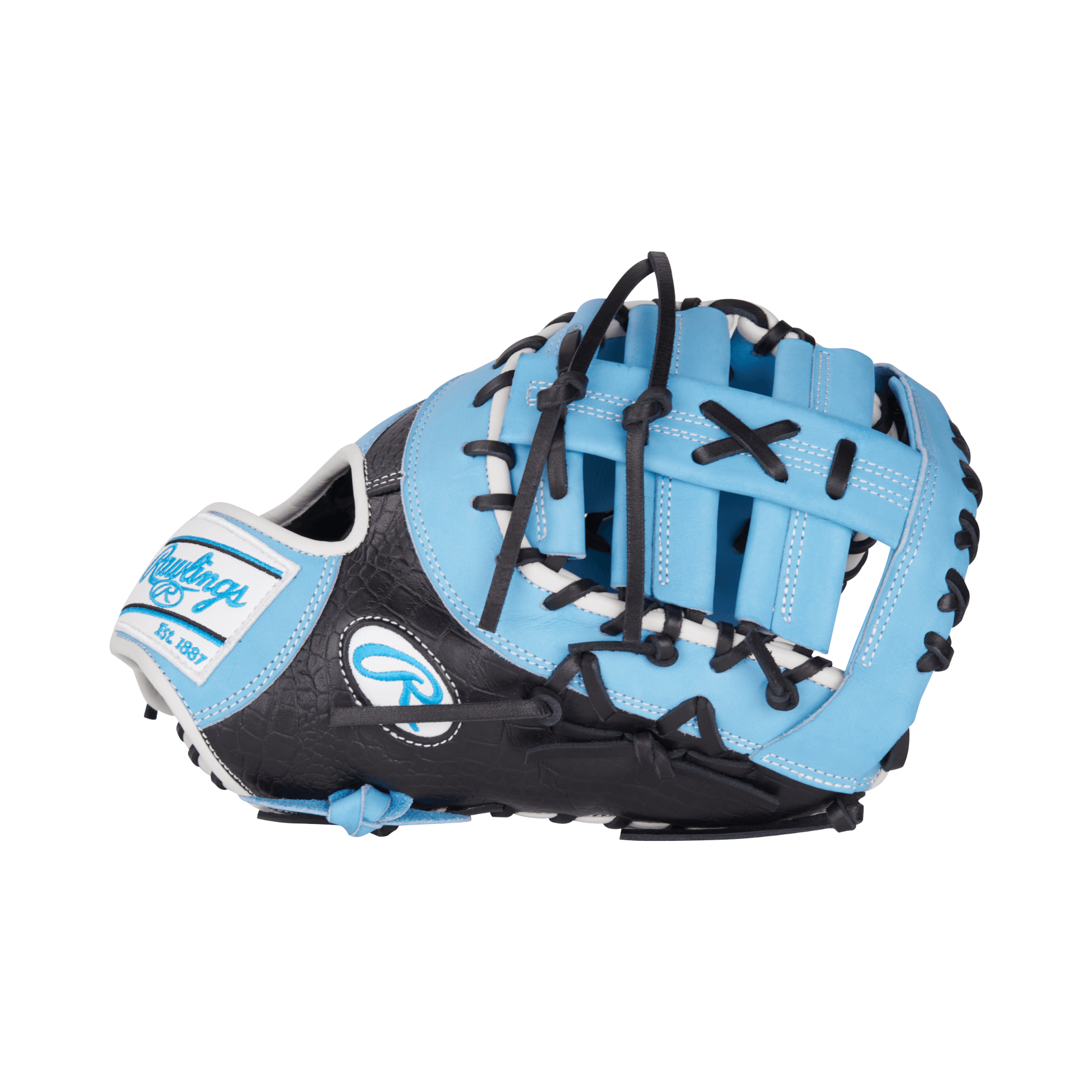 Rawlings Heart of the Hide 13" first base mitt in Columbia Blue and Black, designed for optimal performance in baseball.