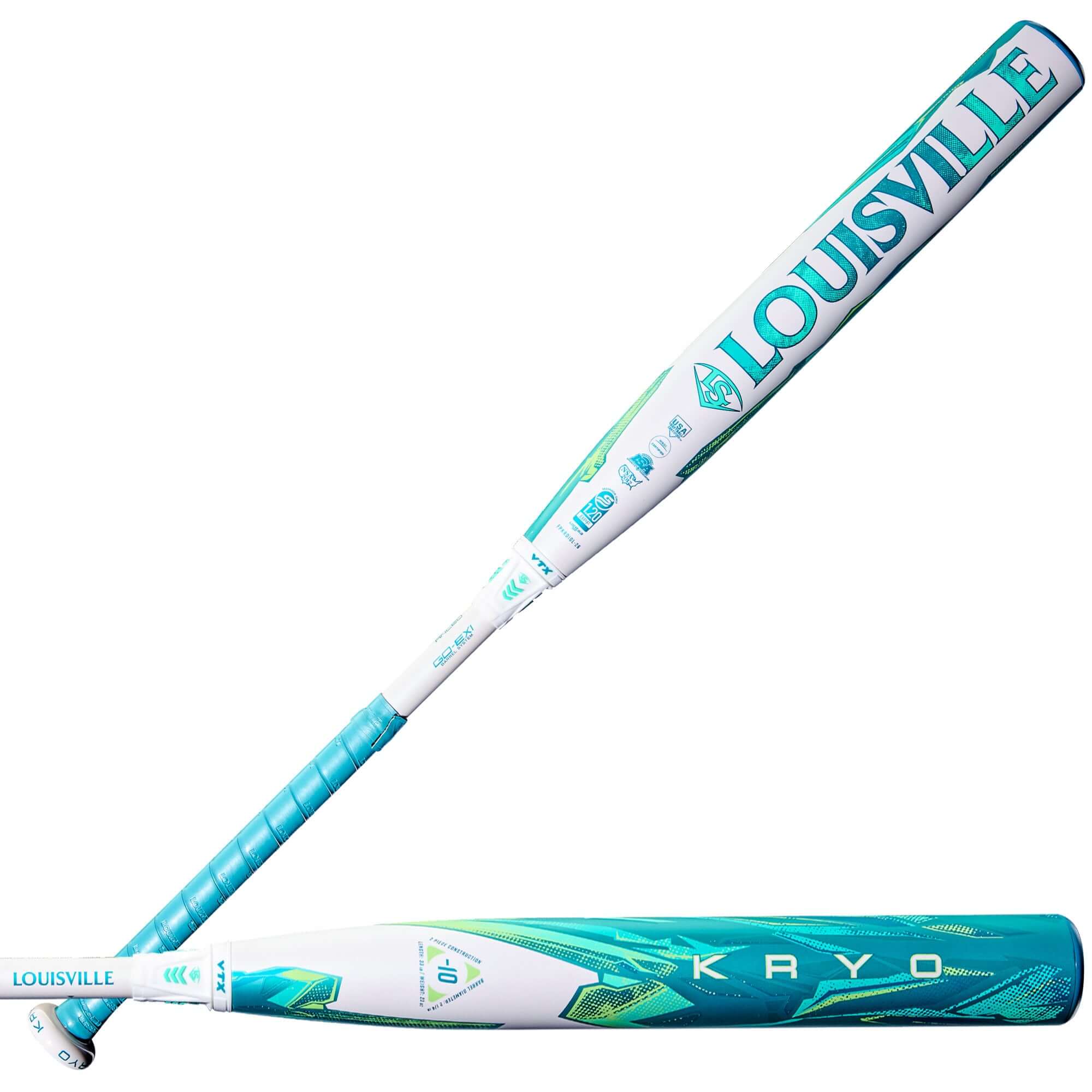 2026 Louisville Slugger Kryo (-10) Fastpitch Softball Bat, teal and white, side profile with visible grip and barrel graphics
