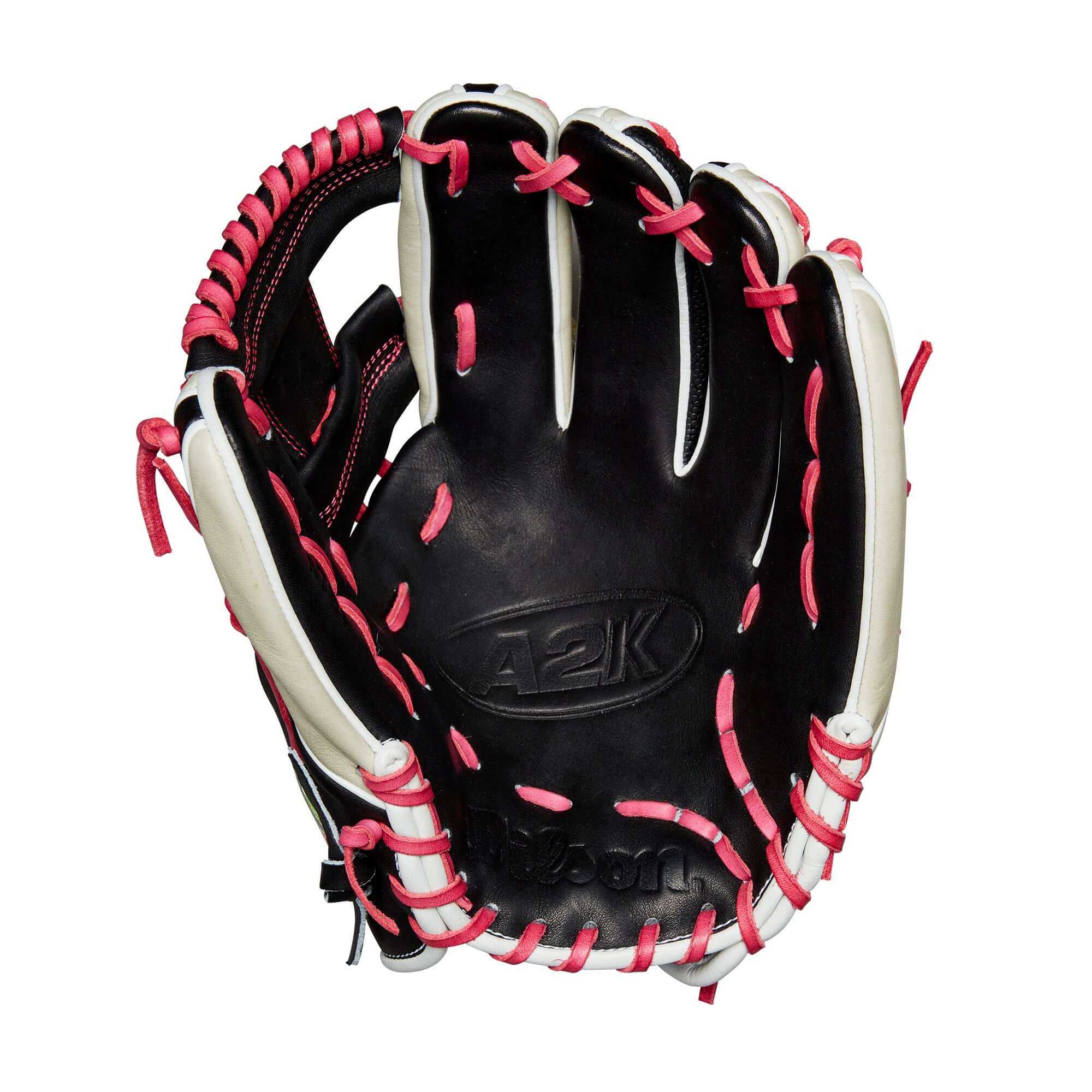 Wilson A2K 1724 glove in black and pink, featuring Pro Stock leather and H-Web design, perfect for infield play.