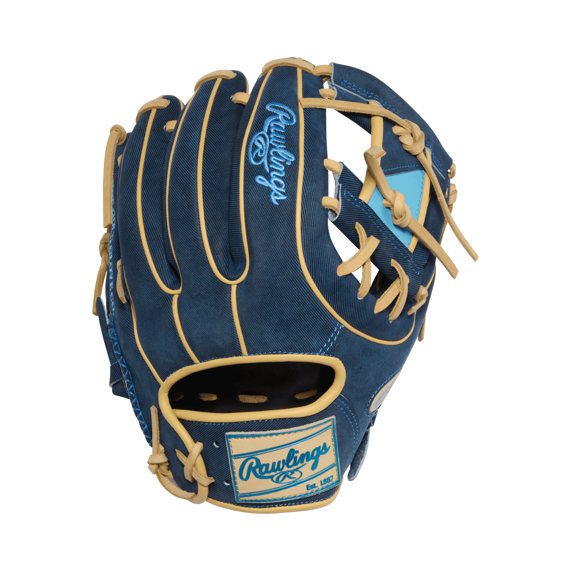 Rawlings February 2026 Gold Glove Club RGGC (GOTM) PROR314-2XDN 11.75" Glove backhand view, denim color, H-web, tan lacing detail.