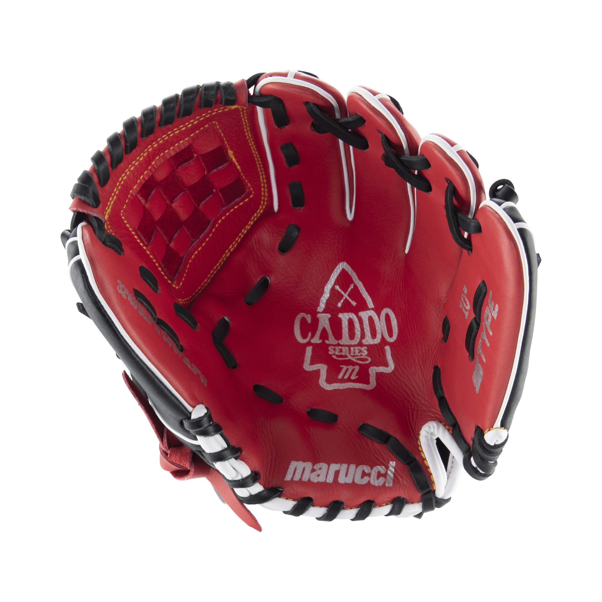 Marucci Caddo Series V2 10" basket web baseball glove in red with adjustable thumb and pinky loops for youth players.