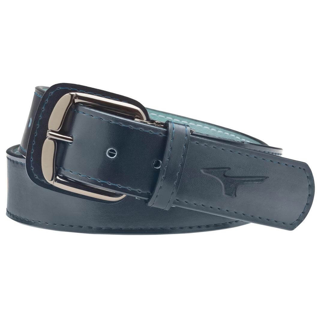 Mizuno Classic Leather Baseball Belt featuring polished metal buckle and cut-to-fit design for custom waist adjustment.