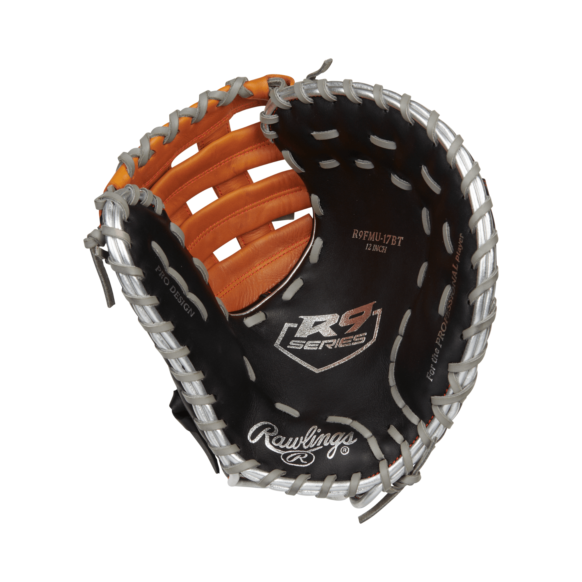 Rawlings R9 Contour Fit 12-inch First Base Mitt, durable all-leather design with orange accents, ideal for youth players.
