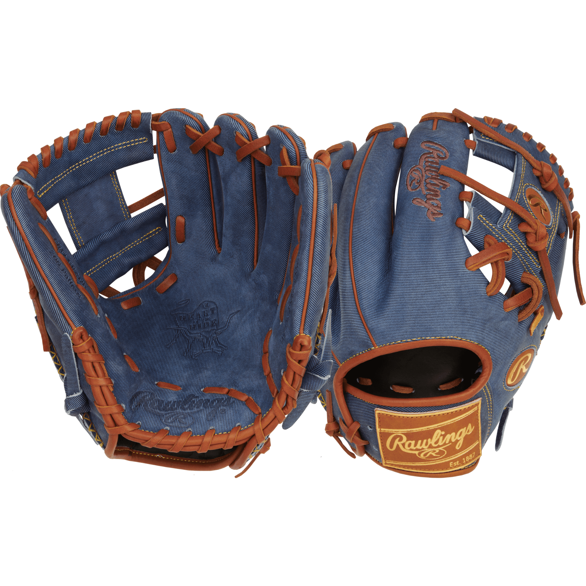Rawlings Heart of the Hide Denim Edition Infield Glove 11.5" RHT with denim finish and brown stitching, showcasing style and performance.