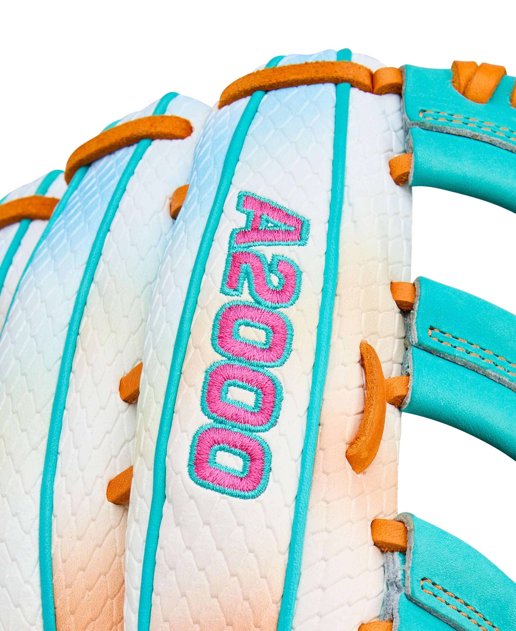 Wilson A2000 Northern Lights baseball glove close-up showing detailed design and vibrant colors.