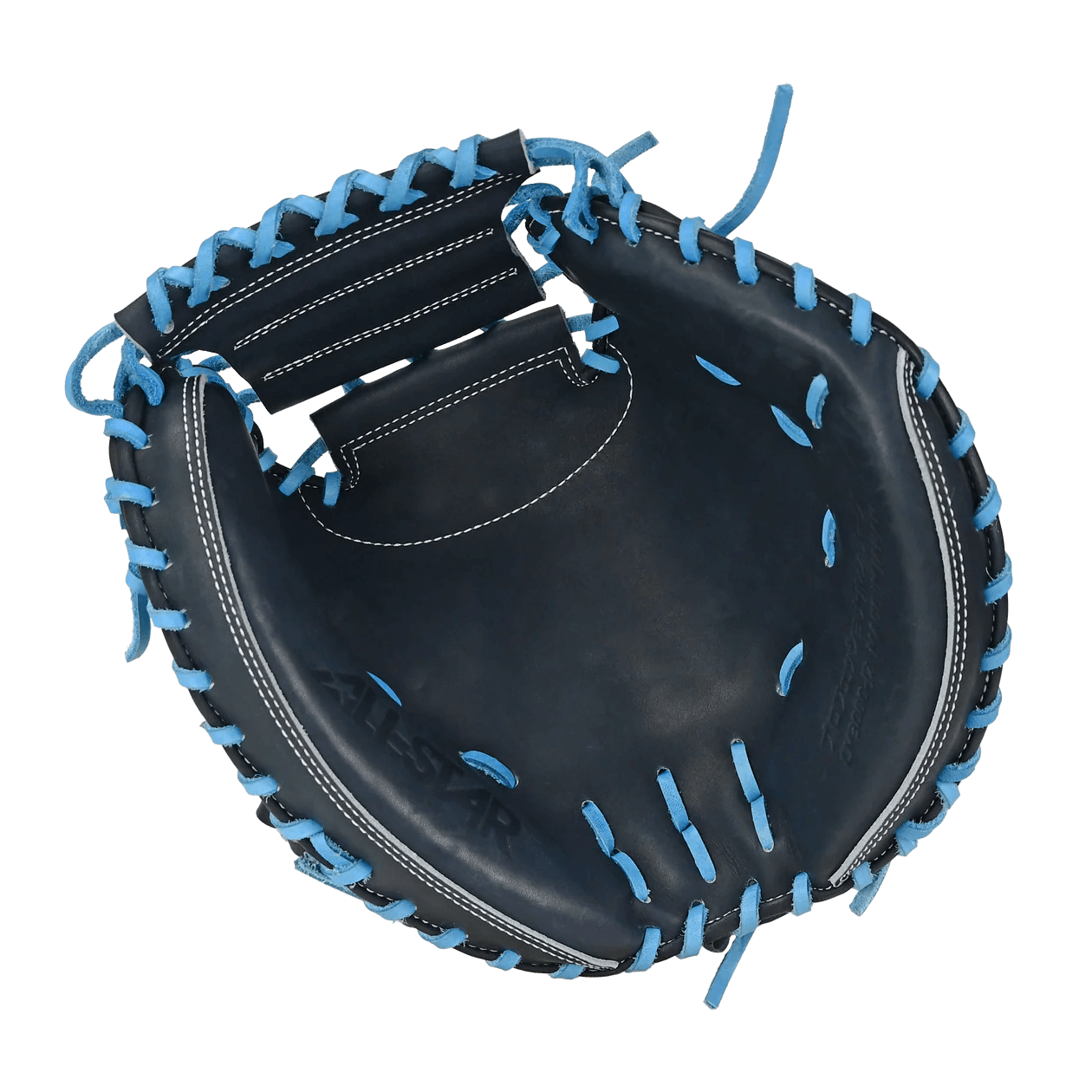 Palm view of All-Star Pro-Elite Japan 34" Catchers Mitt Open Back Navy/Sky Blue with blue lacing and white stitching.