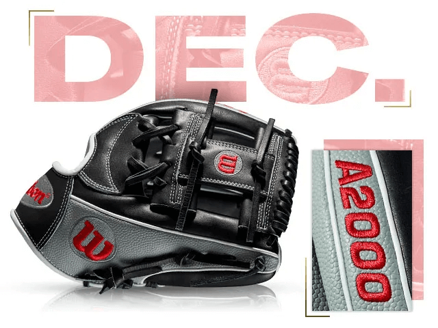 Wilson A2000 1787 SS glove with black and silver design, featuring December 2017 GOTM edition details.