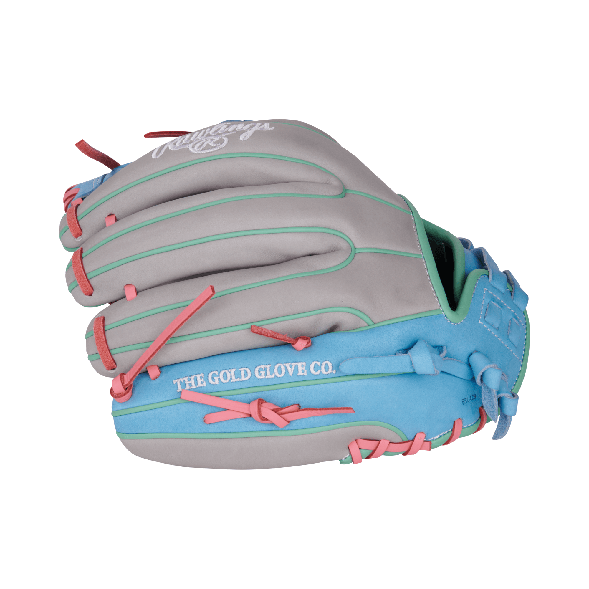 Rawlings Heart of the Hide gray and Columbia Blue softball glove, 12-inch, designed for adult fastpitch players.