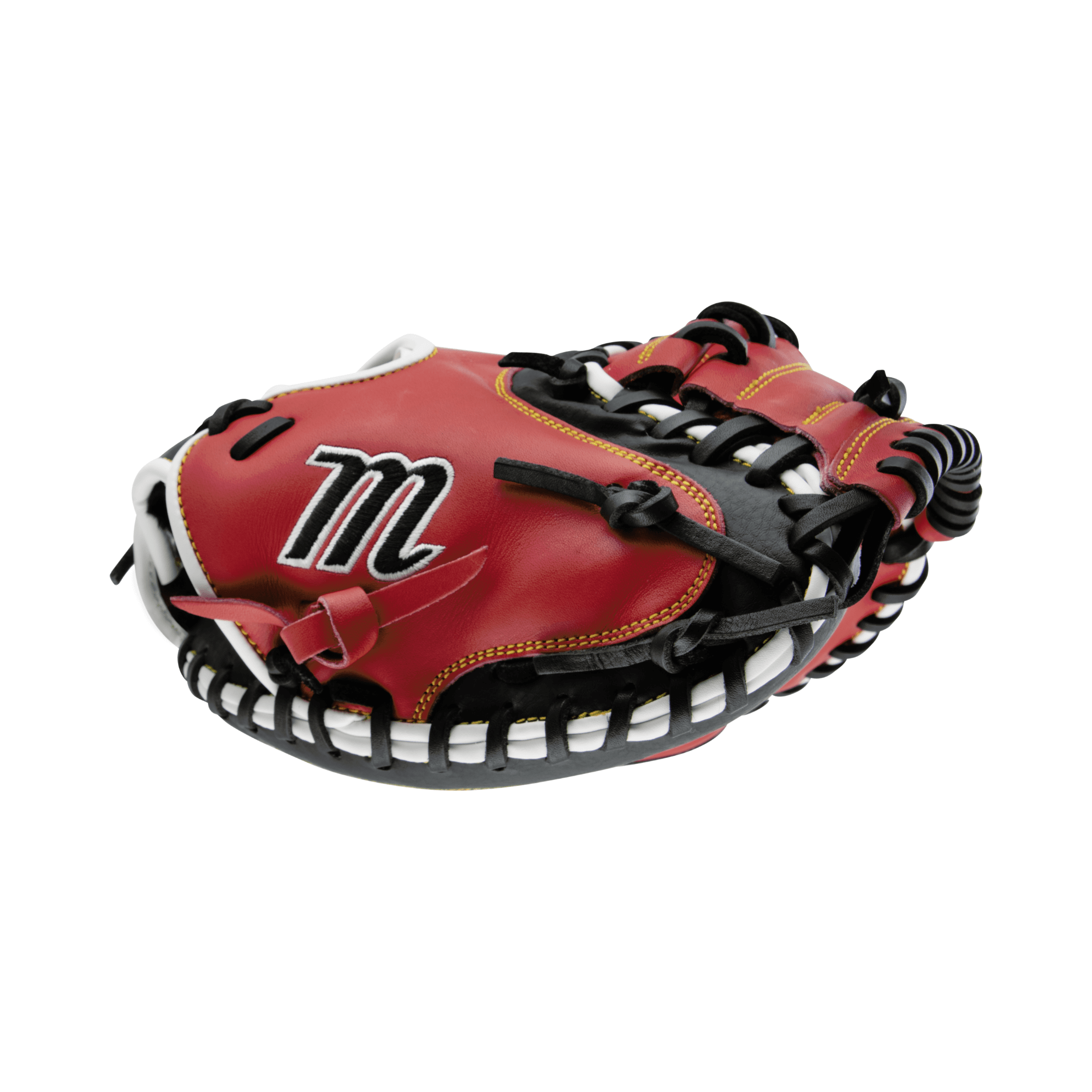 Marucci Caddo Series V2 31" catcher's mitt in red with black accents, featuring adjustable loops for a secure fit.