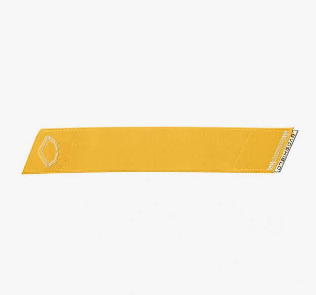 Evoshield Pro-SRZ 2.0 Strap in yellow with iridescent pull tab, top view showing logo detail.