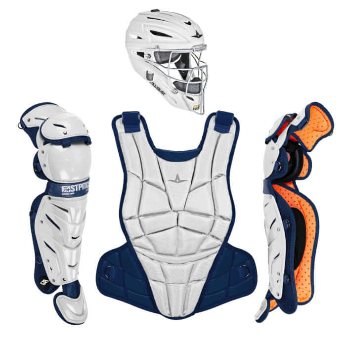 All-Star AFx Fastpitch Catching Kit / Medium in white and navy, showing helmet, chest protector, and leg guards front and side view.