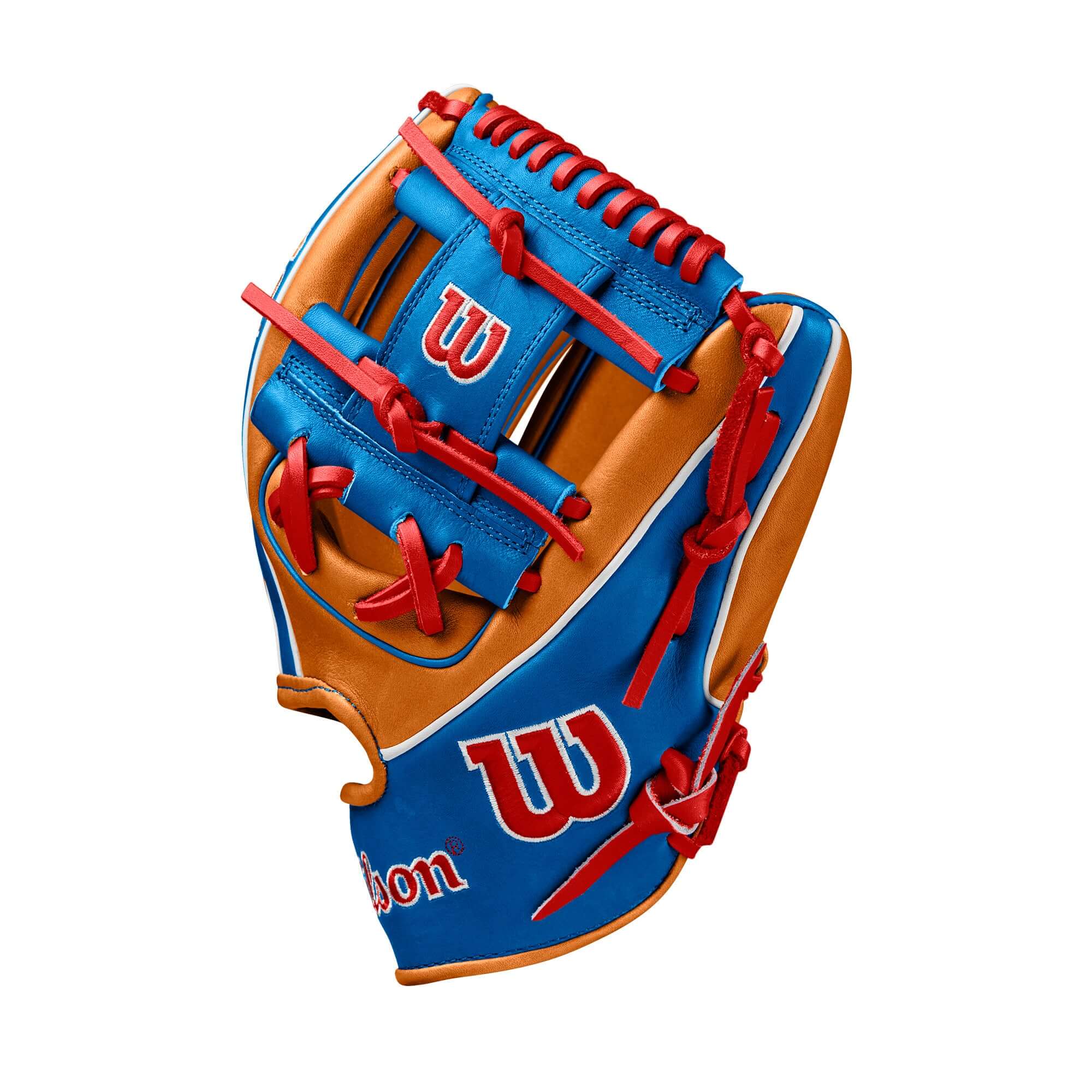 Wilson Mookie Betts A2K 1786 infield baseball glove in Saddle Tan and Royal colorway, 11.5" design for quick plays.