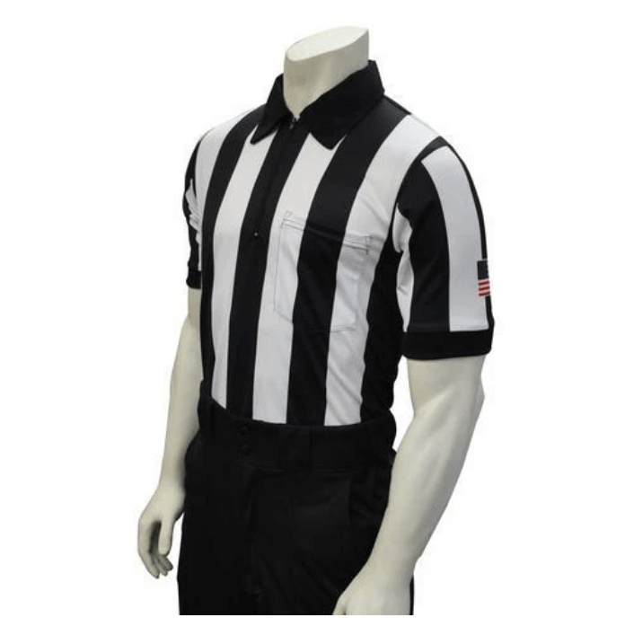 Smitty football short sleeve shirt for referees featuring black and white stripes with American flag on sleeve.