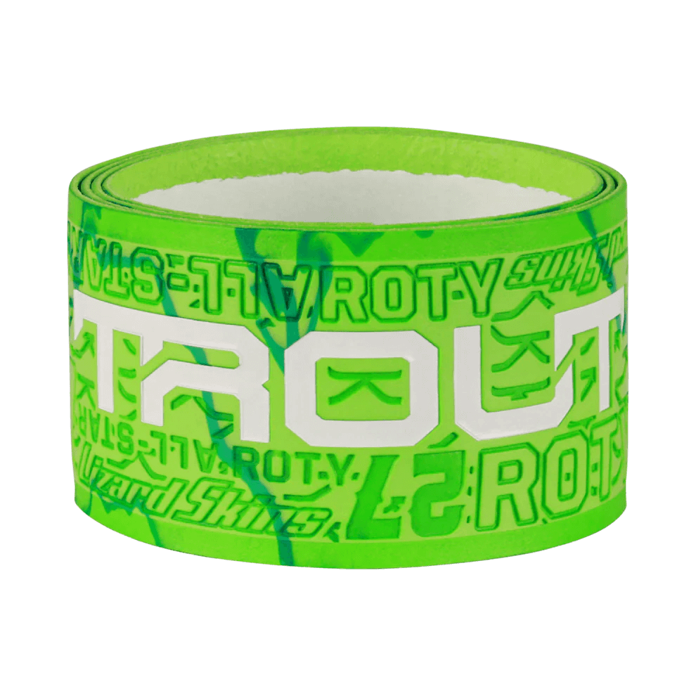 Lizard Skins DSP Ultra Bat Grip - 1.1 mm, green with white lettering and pattern, side profile view.