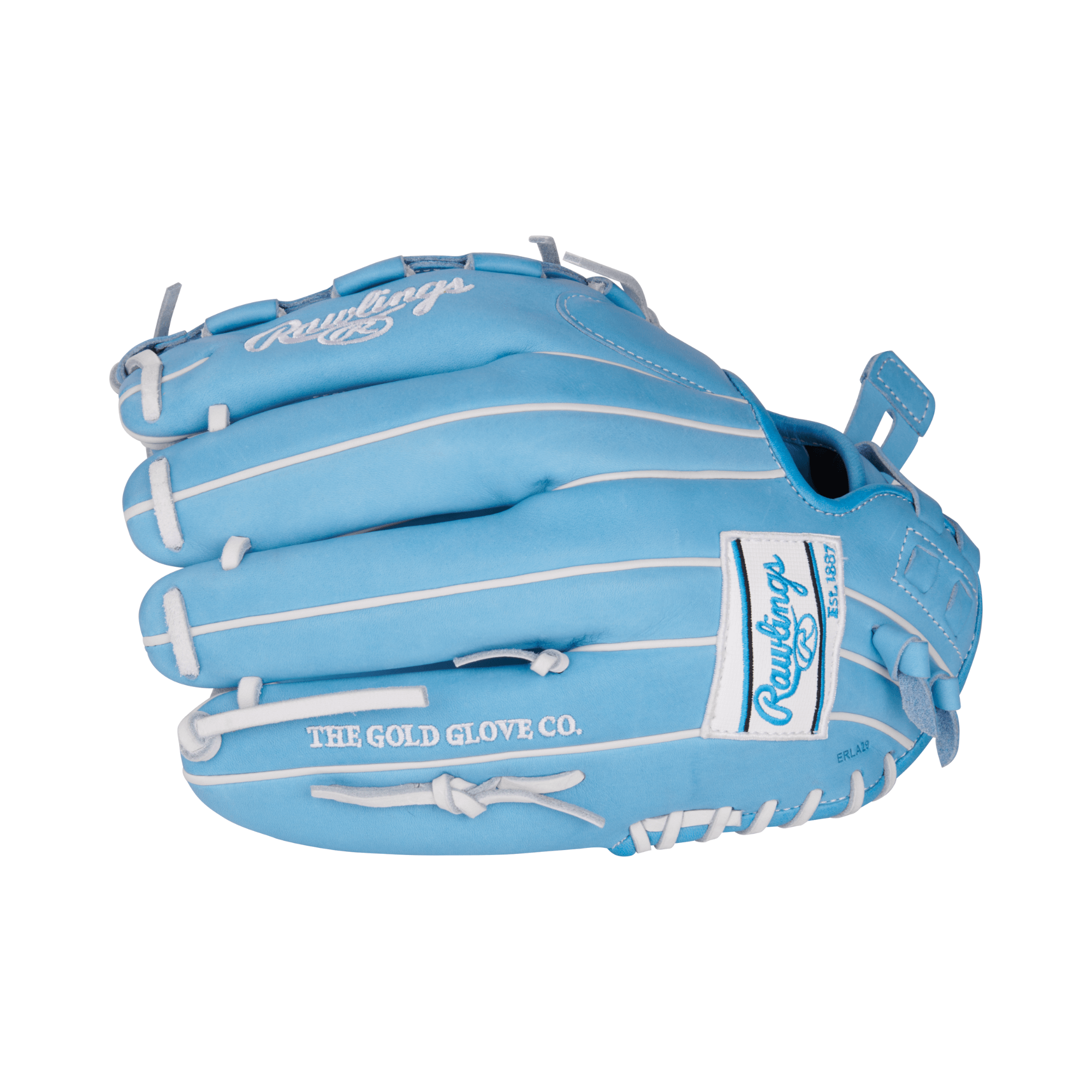 Rawlings Heart of the Hide Series Softball Glove in Columbia Blue, 12.5 inches, designed for right-hand throwers.