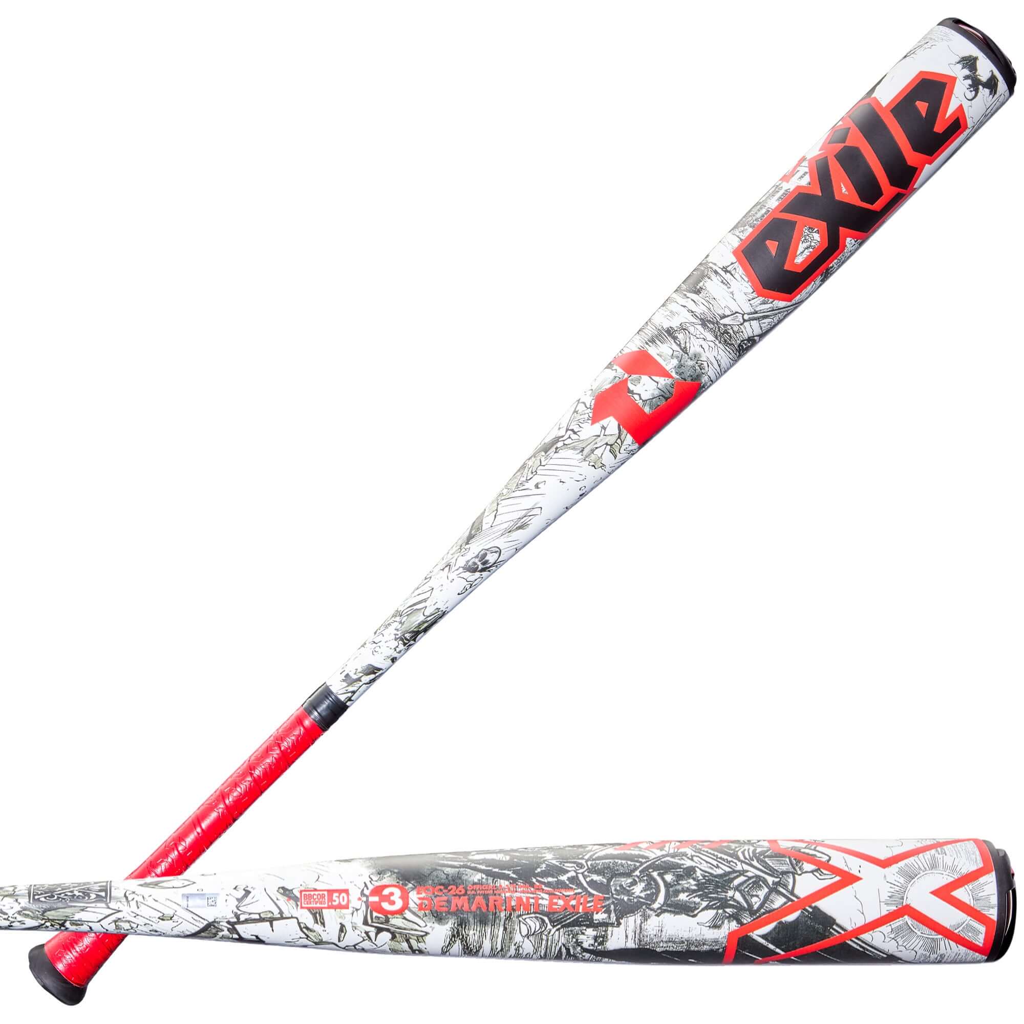 2026 DeMarini Exile (-3) BBCOR baseball bat with red, white & black design, ideal for high school and college players.