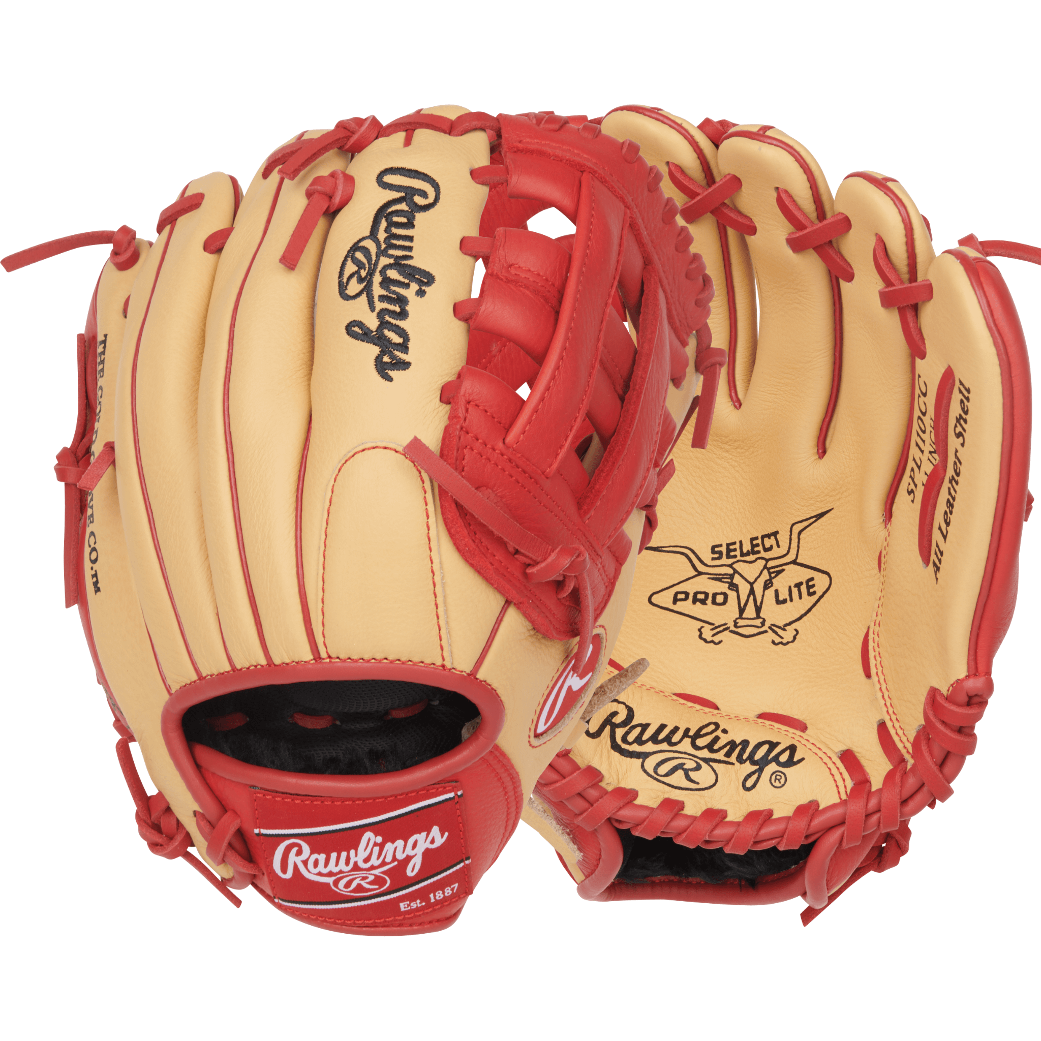Rawlings Select Pro Lite 11" Youth Glove Camel/Scarlet - Back and Palm View