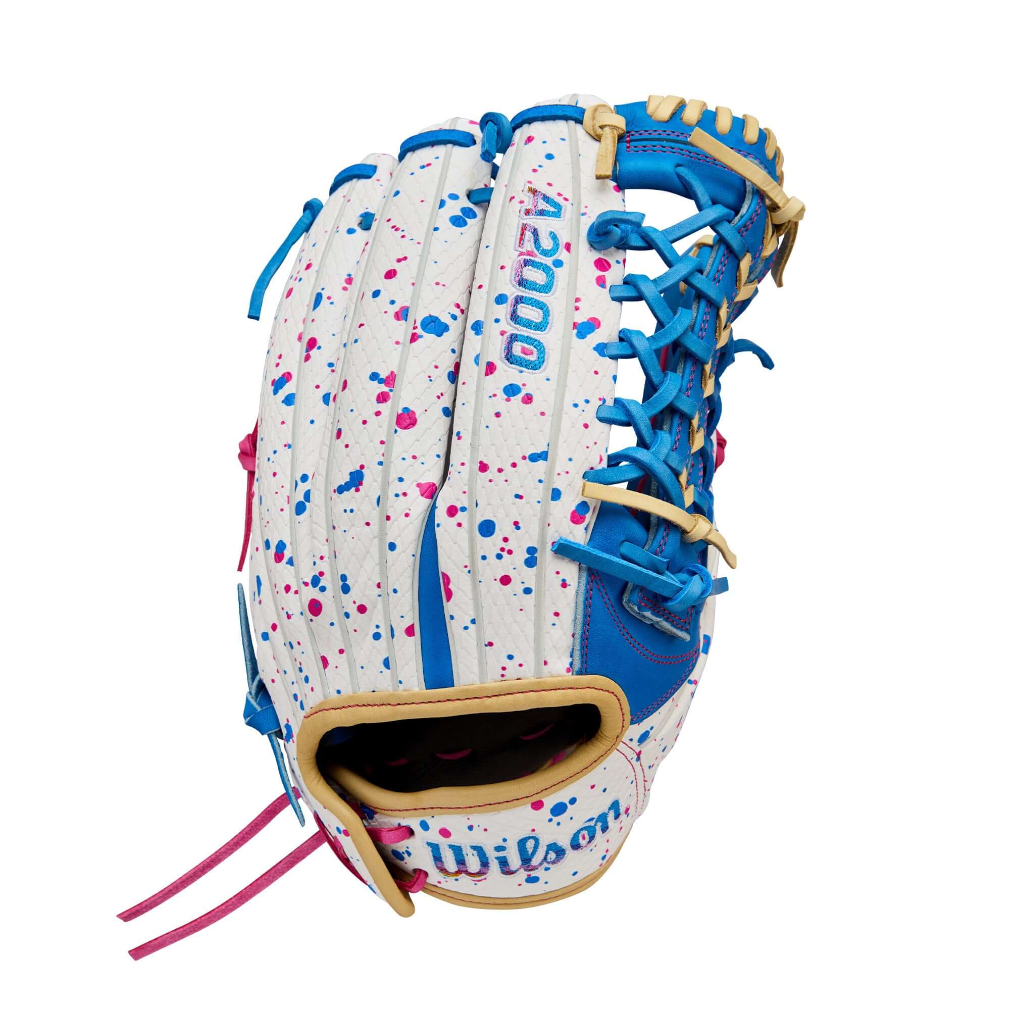 Wilson A2000 T125SS fastpitch softball glove in blue and pink with splatter design, 12.5-inch outfield size.