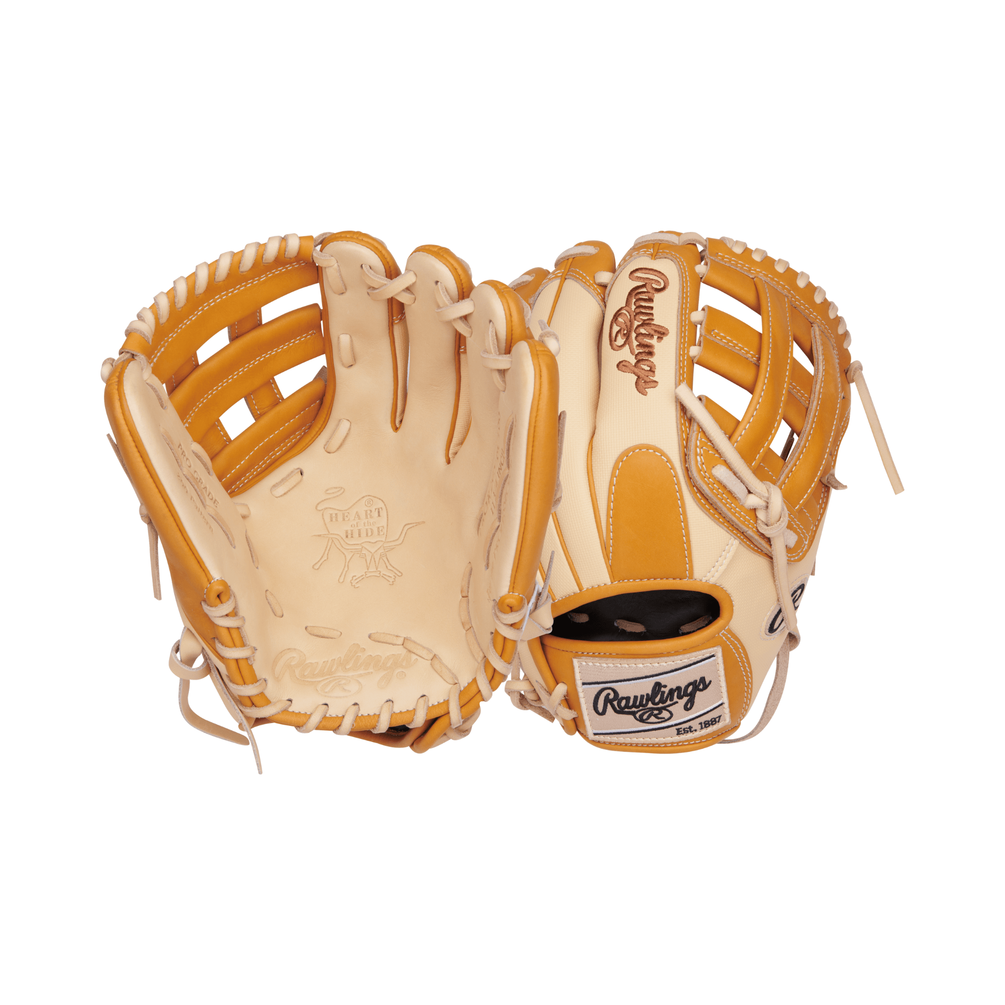 Rawlings Heart of the Hide Series 11.75-inch infield glove in camel and tan colorway, featuring Pro-H web design.