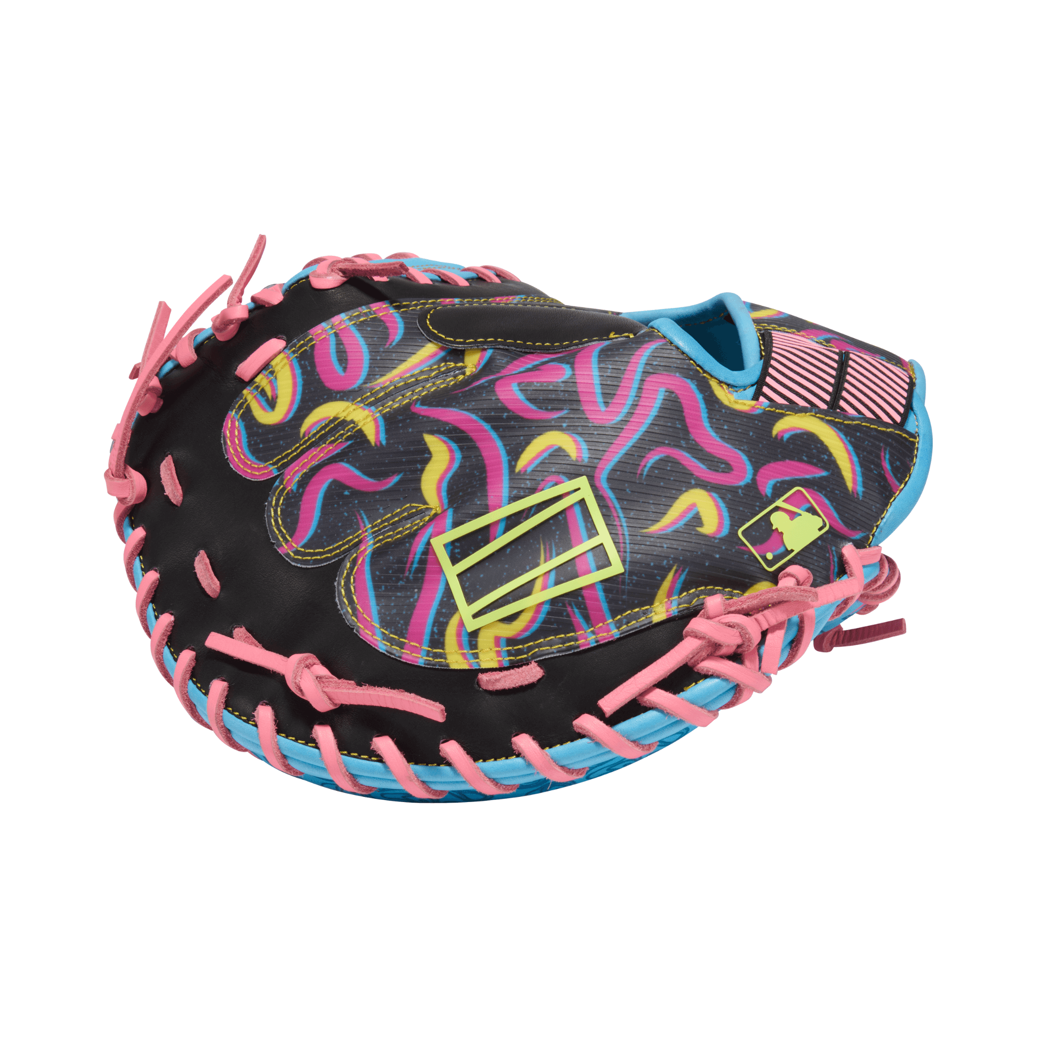 Right and fingers view of Rawlings REV1X 34" Columbia Blue/Black Catcher's Mitt.