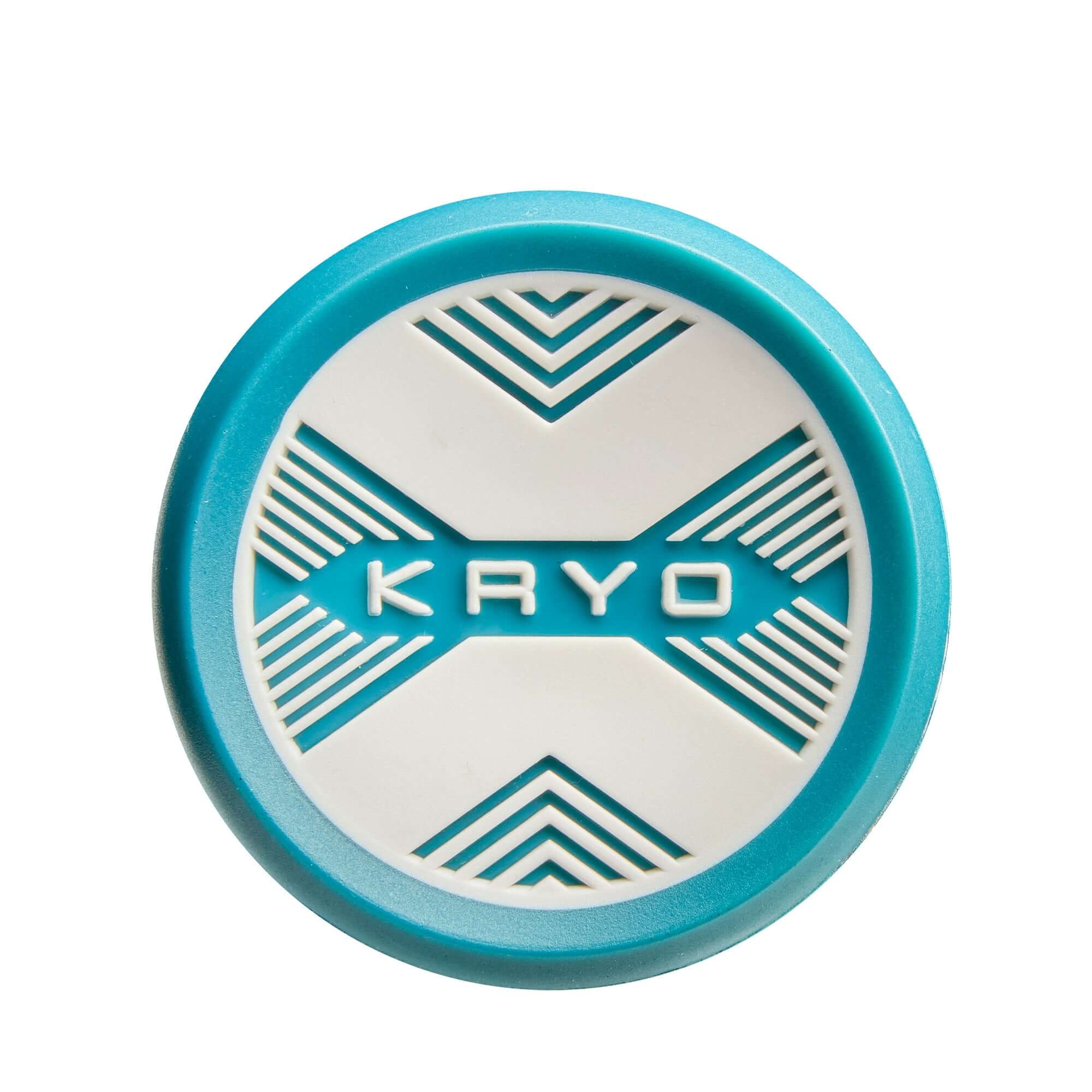 Top view of the Kryo fastpitch softball bat logo, featuring teal and white design with an X pattern.